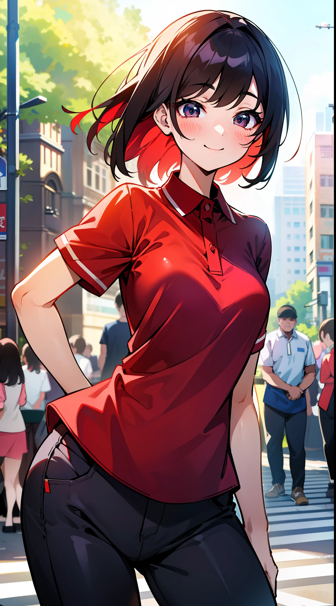 masuter piece, 独奏, red polo shirt, Beautiful girl with a refreshing smile, red polo shirt, Beautiful sunlight, Fine expression, dynamic ungle, Beautuful Women, Background in the city, Stand up straight,animesque