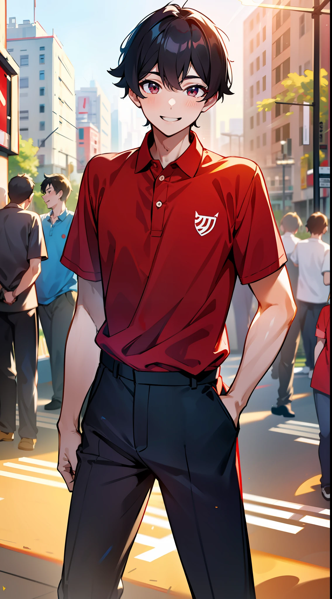 masuter piece, 独奏, red polo shirt, Young man with a refreshing smile, red polo shirt, Beautiful sunlight, Fine expression, dynamic ungle, Beautiful youth, Background in the city, Stand up straight,animesque