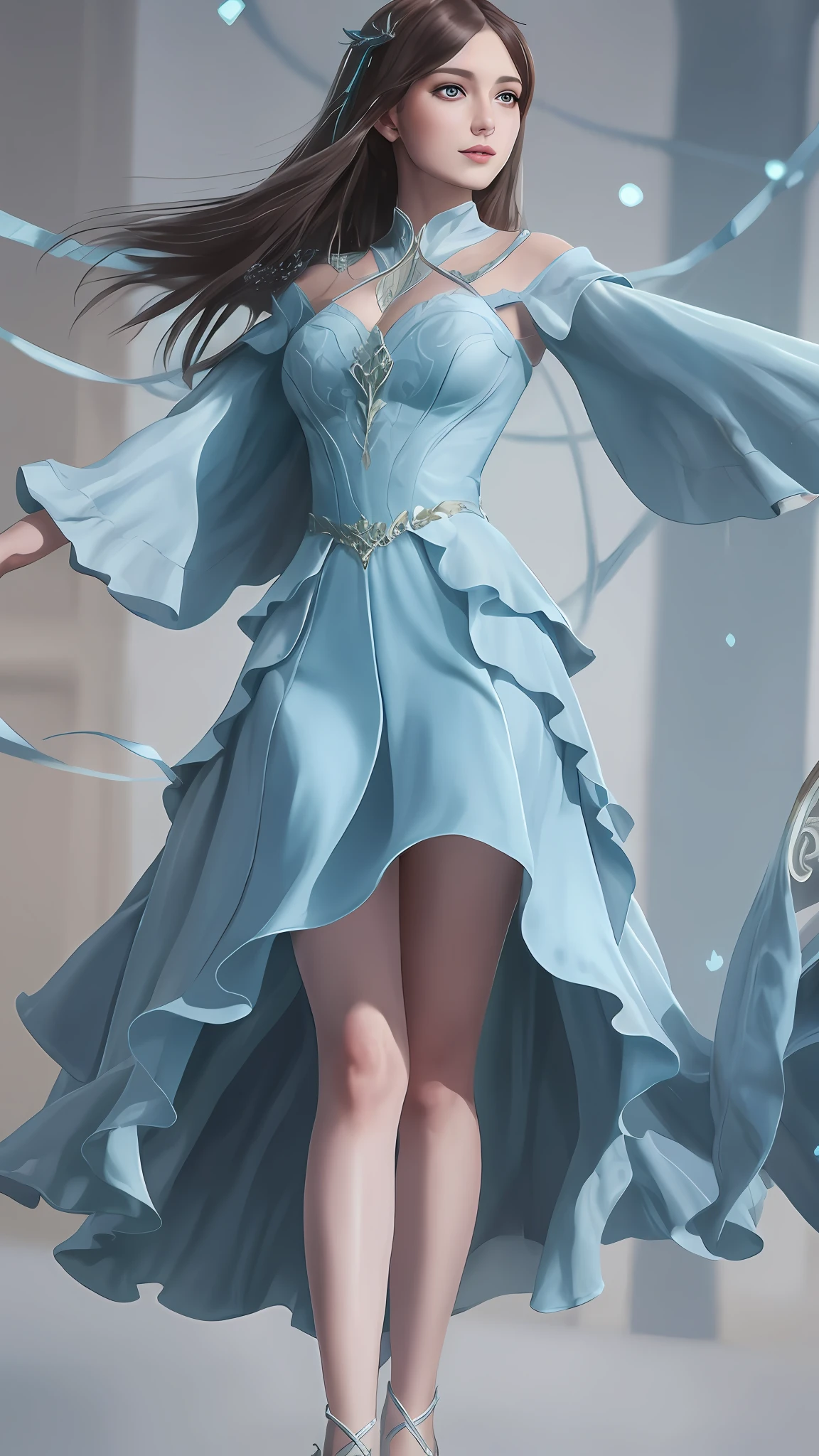 Alaphais, Wearing a blue dress, walks on stage, Dream slip dress, beautiful fantasy art, Fantasy art style, fantasyoutfit, beautiful and elegant elf queen, fantasy style clothing, magical dress, very beautiful fantasy art, Seductive flowing slip dress, beautiful full-body concept art, Inspired by Magali Villeneuve's room for background girls