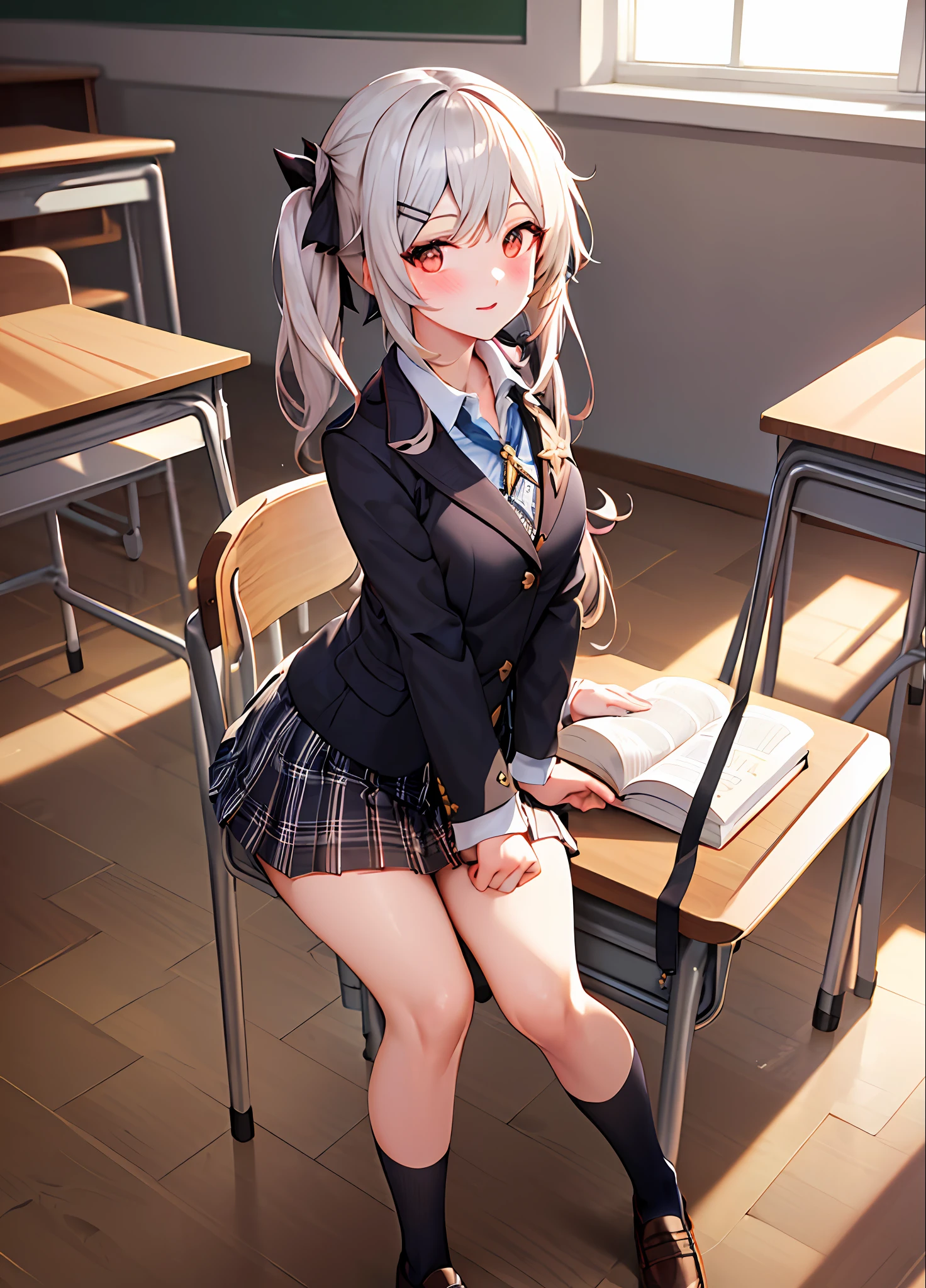 best quality, ((masterpiece)),extremely details, ultra high res, illustration,1girl,lumine \(genshin impact\),skirt, jacket, plaid_skirt, plaid, desk, blazer, solo, book, classroom, school_desk, hair_ornament, indoors, school_uniform,looking_at_viewer, pleated_skirt, blush, window, black_jacket, shirt, long_sleeves, mole, hairclip, collared_shirt