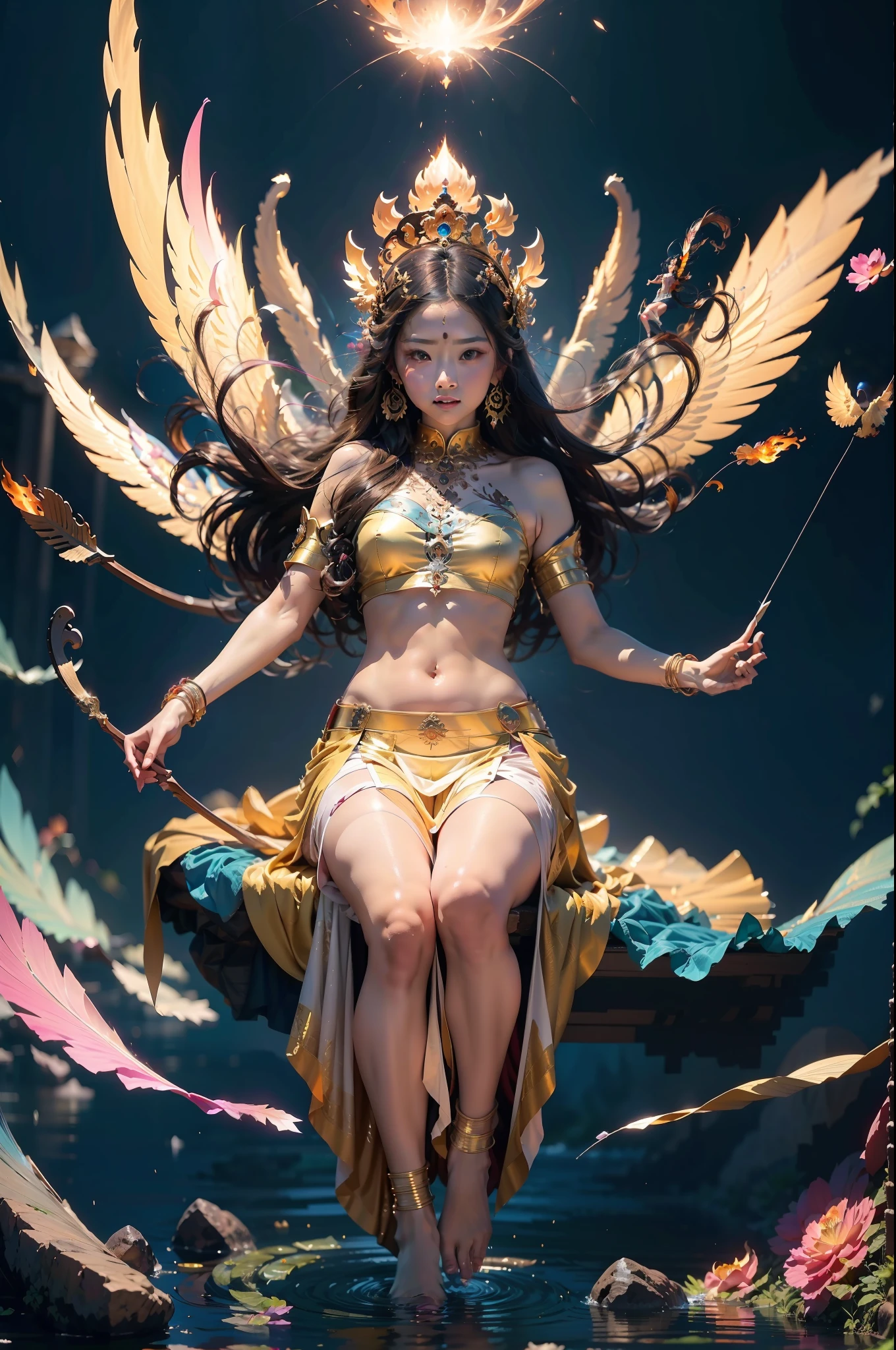 tmasterpiece，超高分辨率，Beautiful woman with wings to shoot arrows，She floated in the air with the flames，The delicate facial features are beautiful and moving，Clear skin is smooth and delicate，Barefoot，A person whose body contour is on fire，The beauty of celestial bodies that appear in flames，No cover，The wind blows the skirt，on fire，Flying Beauty，Fire Phoenix，beautiful feathers，massive wings，Phoenix Nirvana in the flames，Wings shine in flames，Clean and unspoiled human body，He was not dressed，The feathers adorn the huge wings，Fly in the air，The characters shine，Fire under the feet，The hierarchy of depth and spatial hierarchy，The background is only the sky，There are clouds，Light flame，火焰，The picture background is clean and flat，A unique perspective，