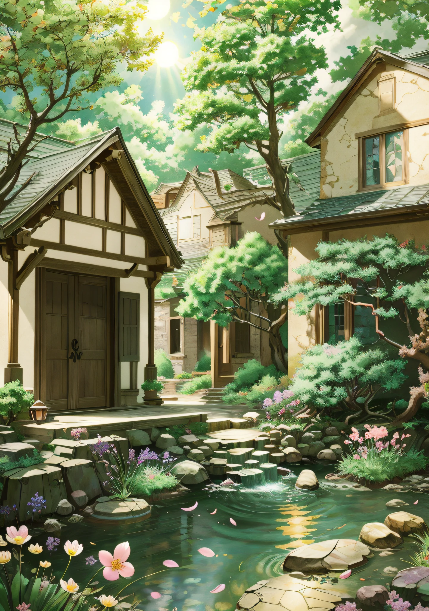 Cartoony, 中景 the scene is,  butterflys, blossoms, Fluttering petals, stone fragment, beautiful detailed  water, ​​clouds, suns, eventide, the sunset, Beautiful detail door,the trees