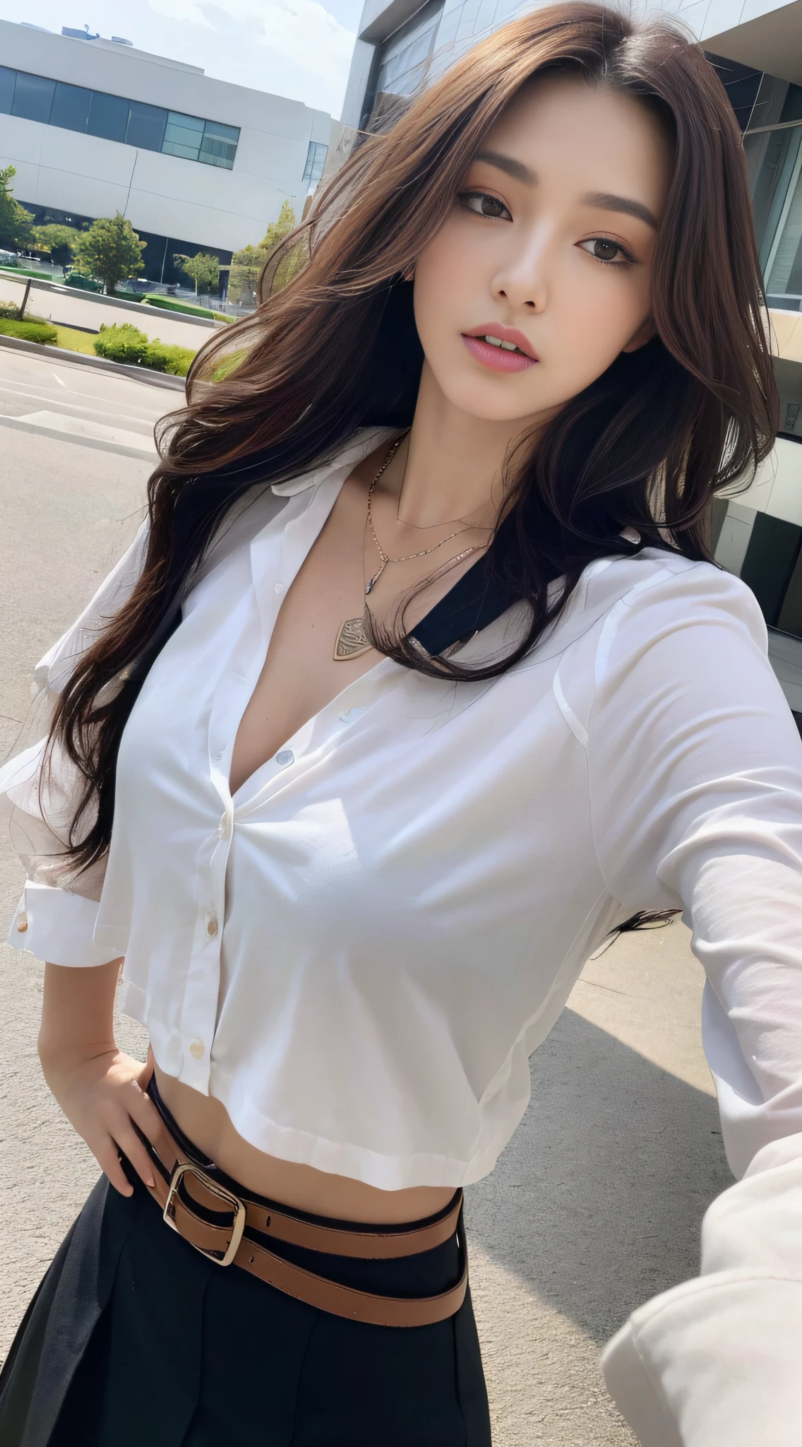 (Best quality, high resolution, masterpiece: 1.3), a tall and beautiful woman, slender abs, dark brown hair in loose wavy styling, breasts, wearing a necklace, red buttoned shirt, belt, black skirt, (modern architecture in the background), face and skin texture in beautifully presented details, detailed eyes, double eyelids, selfie angle