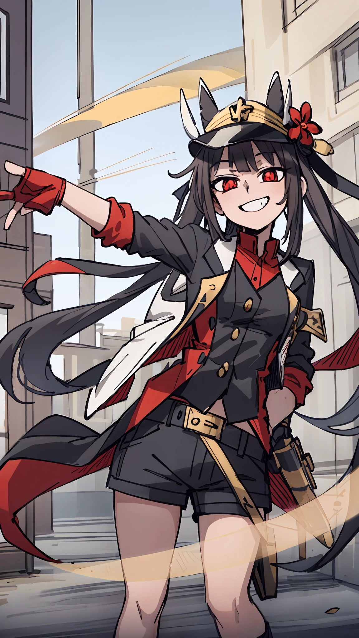 (masterpiece:1.3), (best quality), 1girl, small breasts, very detailed red eyes, very detailed face, white background, highres, absurdres, grin, standing, very detailed, looking at viewer, cowboy shot, solo, vivid colors, hu tao (genshin impact), symbol shaped pupils, hat, long brown hair, bangs, twintails, flower-shaped pupils, black coat, coattails, black short shorts, red shirt, arms behind back
