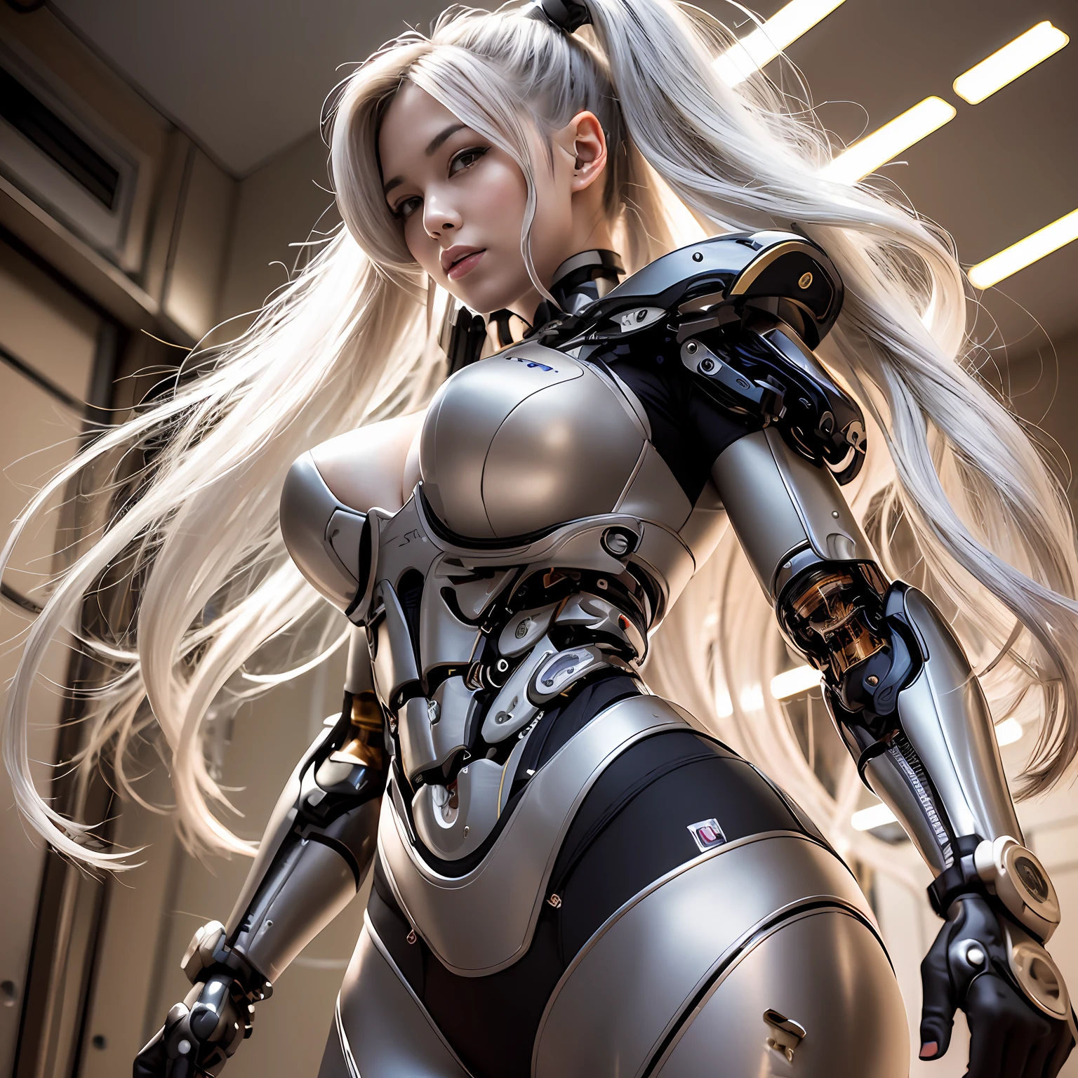 Beautiful Face,face is Japan, 1 Woman, Big, Curvaceous, (16k, RAW photo, top quality, masterpiece: 1.2), (HDR, Realistic, Photorealistic: 1.37) (tube attached to the body), (Bikini Cyborg robot parts)))), (light gray hair), Long hair, Wavy hair, Twin tails, Medium shot, ( Seductive smile)), (black eyes), double eyelids, princess cut, from below, (whole body),posing,,in the lab,( tube connected to blood vessel),((mechanical vertebrae attached to the back)),((mechanical neck attached to the neck)),(wire and cable attached to head and body),(character focus),science fiction,perfect female figure,perfect anatomy, hyperanatomy, full body shot, relationship between up to 4 fingers and 1 thumb, spherical joint,