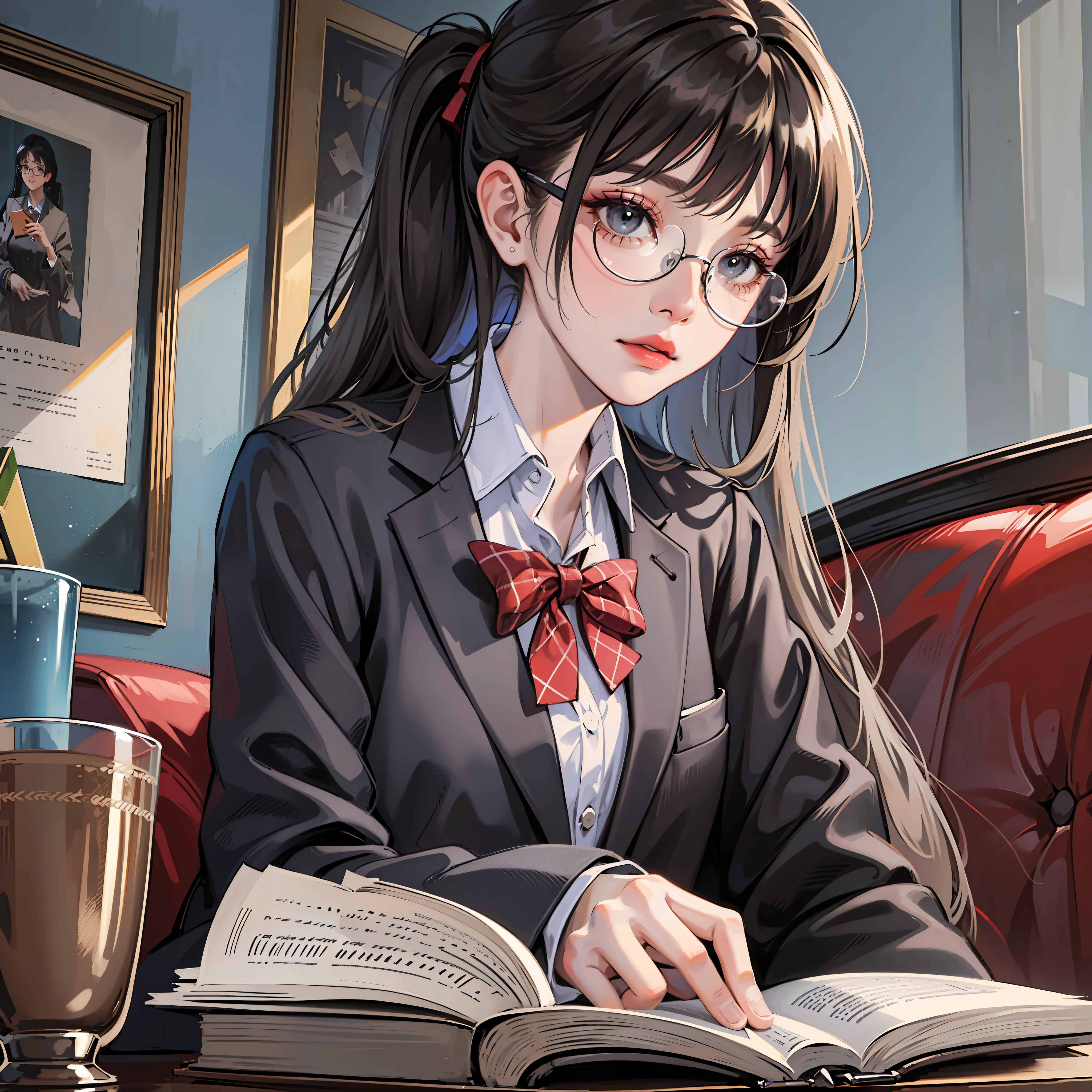 kr-pny, Outrageously long ponytail, Parted bangs, 1girll, school uniform, Dark gray open jacket, Dark gray blazer, Pleated skirt, plaid skirts, circle glasses, Reading a book, Shy and quiet girl, looking at the distance, Extremely detailed hair, intricately details, Masterpiece, Best quality, Upper body, Realistic,