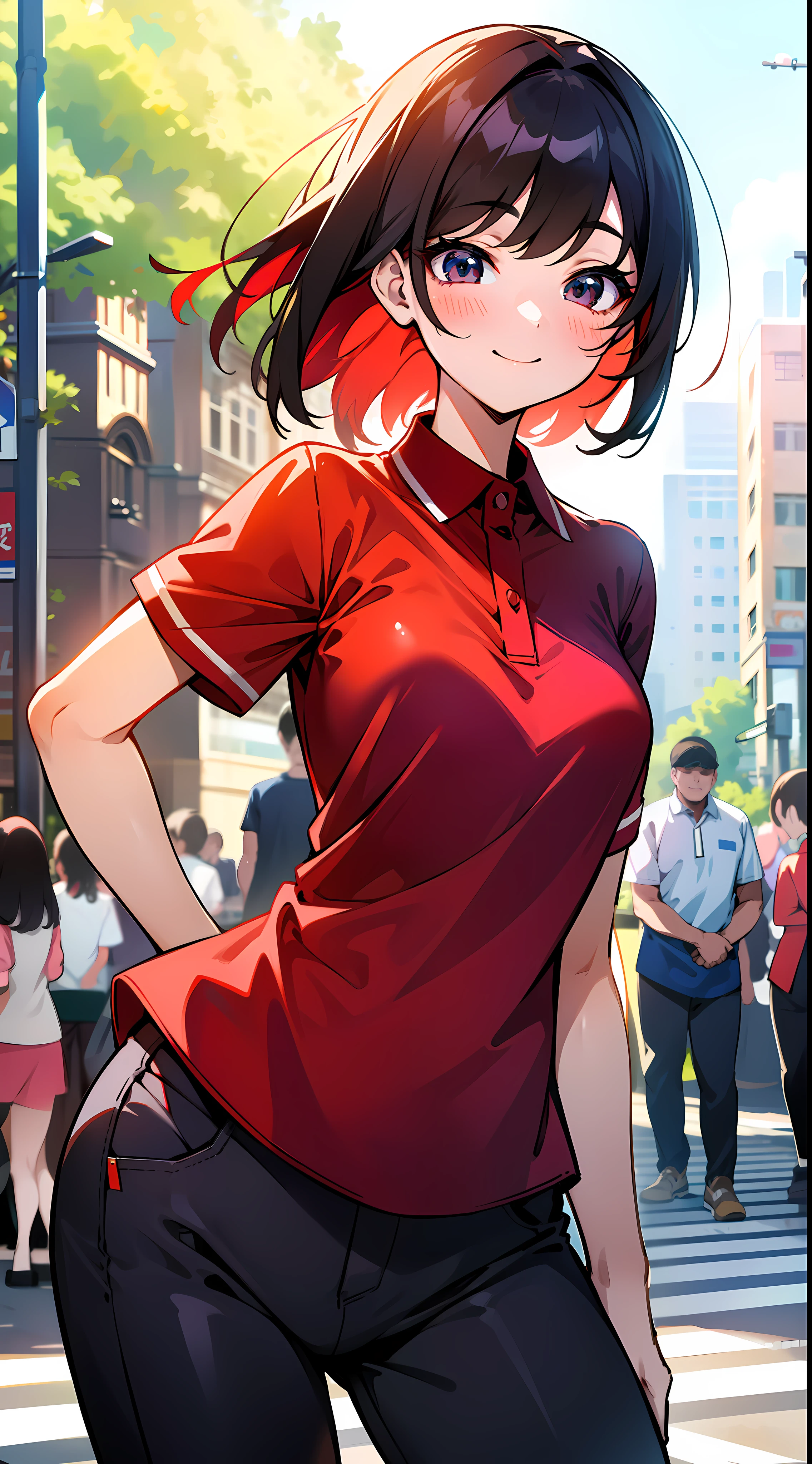 masuter piece, 独奏, red polo shirt, Beautiful girl with a refreshing smile, red polo shirt, Beautiful sunlight, Fine expression, dynamic ungle, Beautuful Women, Background in the city, Stand up straight,animesque