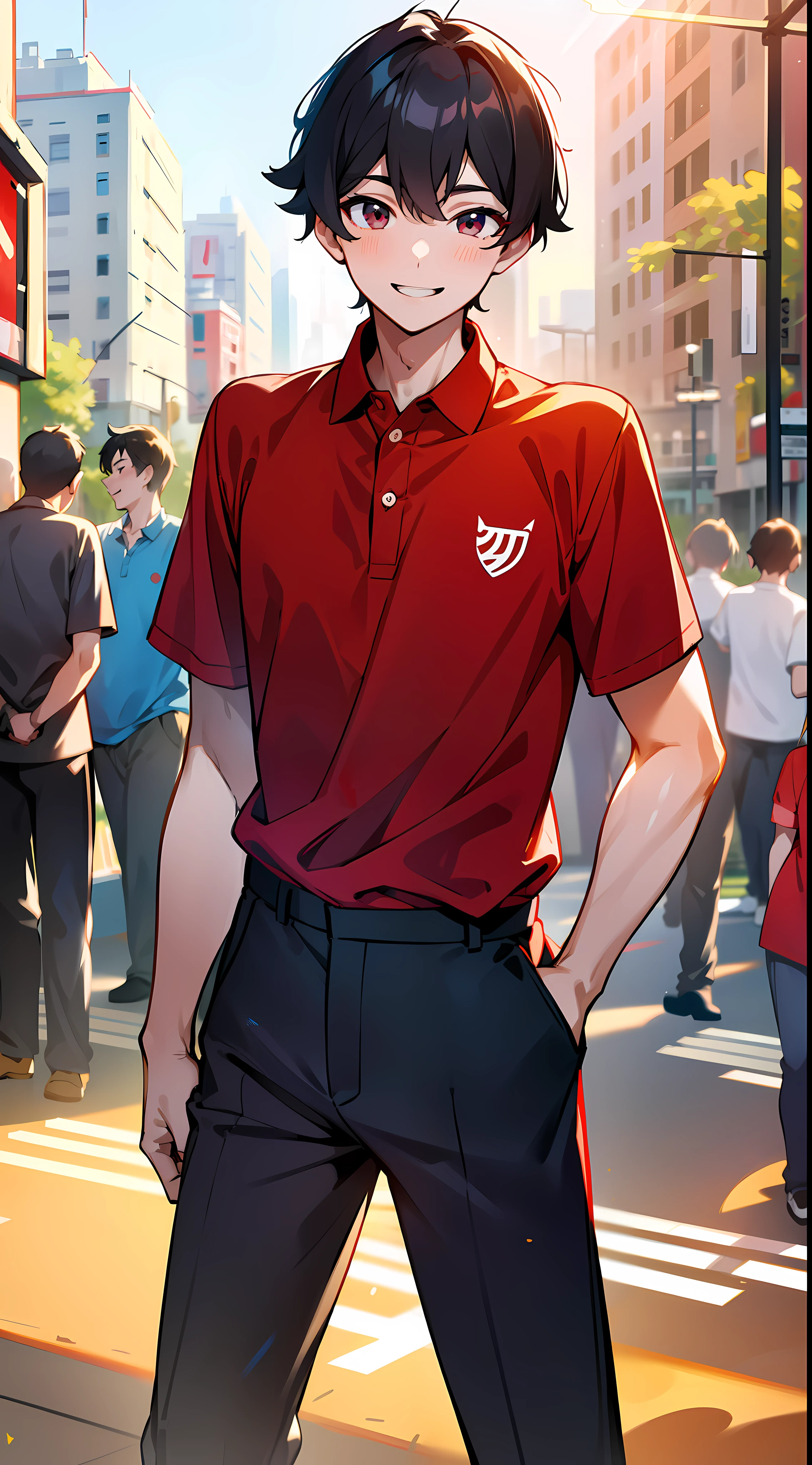 masuter piece, 独奏, red polo shirt, Young man with a refreshing smile, red polo shirt, Beautiful sunlight, Fine expression, dynamic ungle, Beautiful youth, Background in the city, Stand up straight,animesque