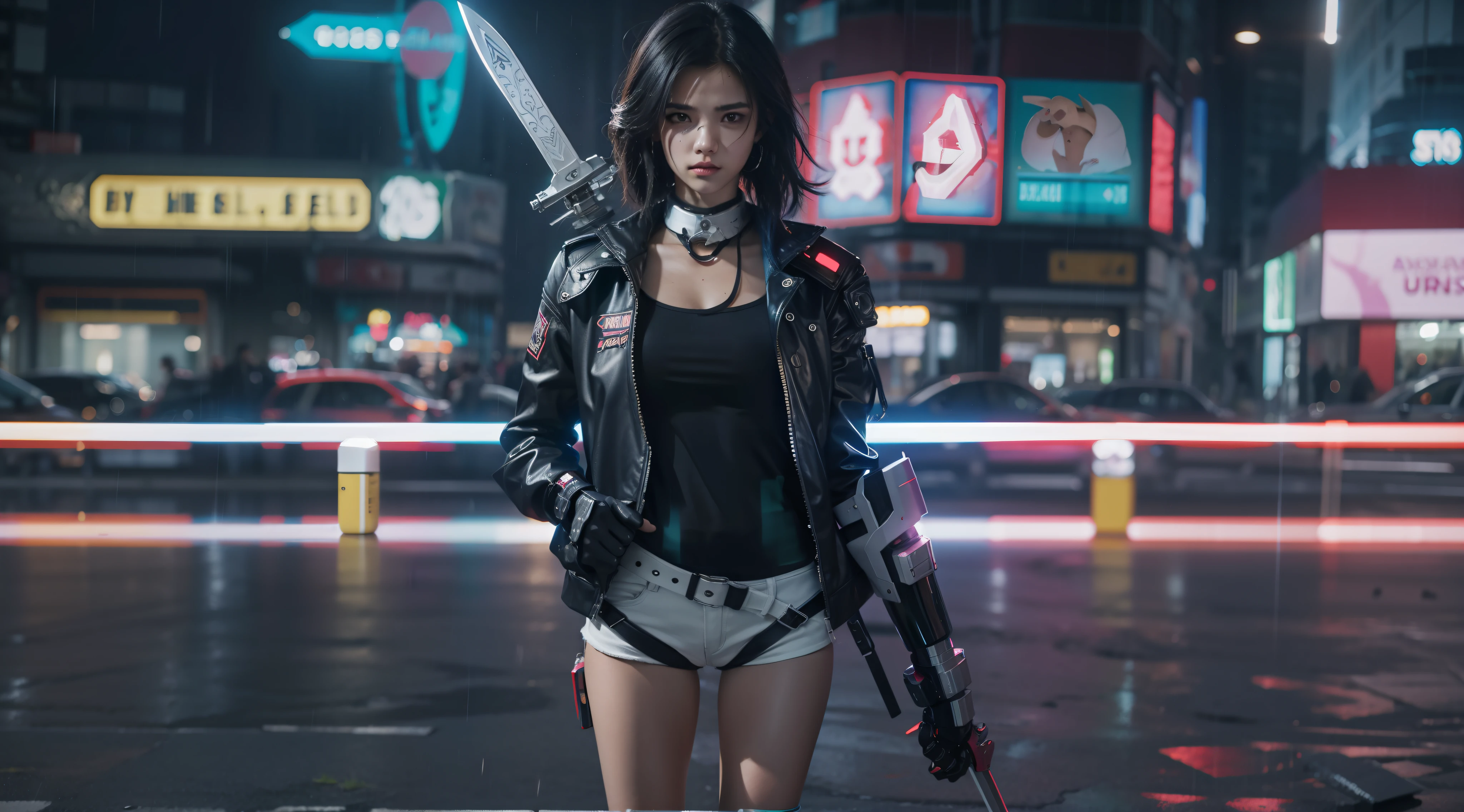 cyber punk style, Armed with a cyberpunk style sword, 1 teenage girl, Robotic arm, cabelos preto e longos, perfect bodies, nigth, standing in the rain, Neon Quarter, mole under eye, determined, grimace, cinematic lighting, ray tracing, UHD, masterpiece, ccurate, textured skin, super detail, high details, high quality, best quality, 8k