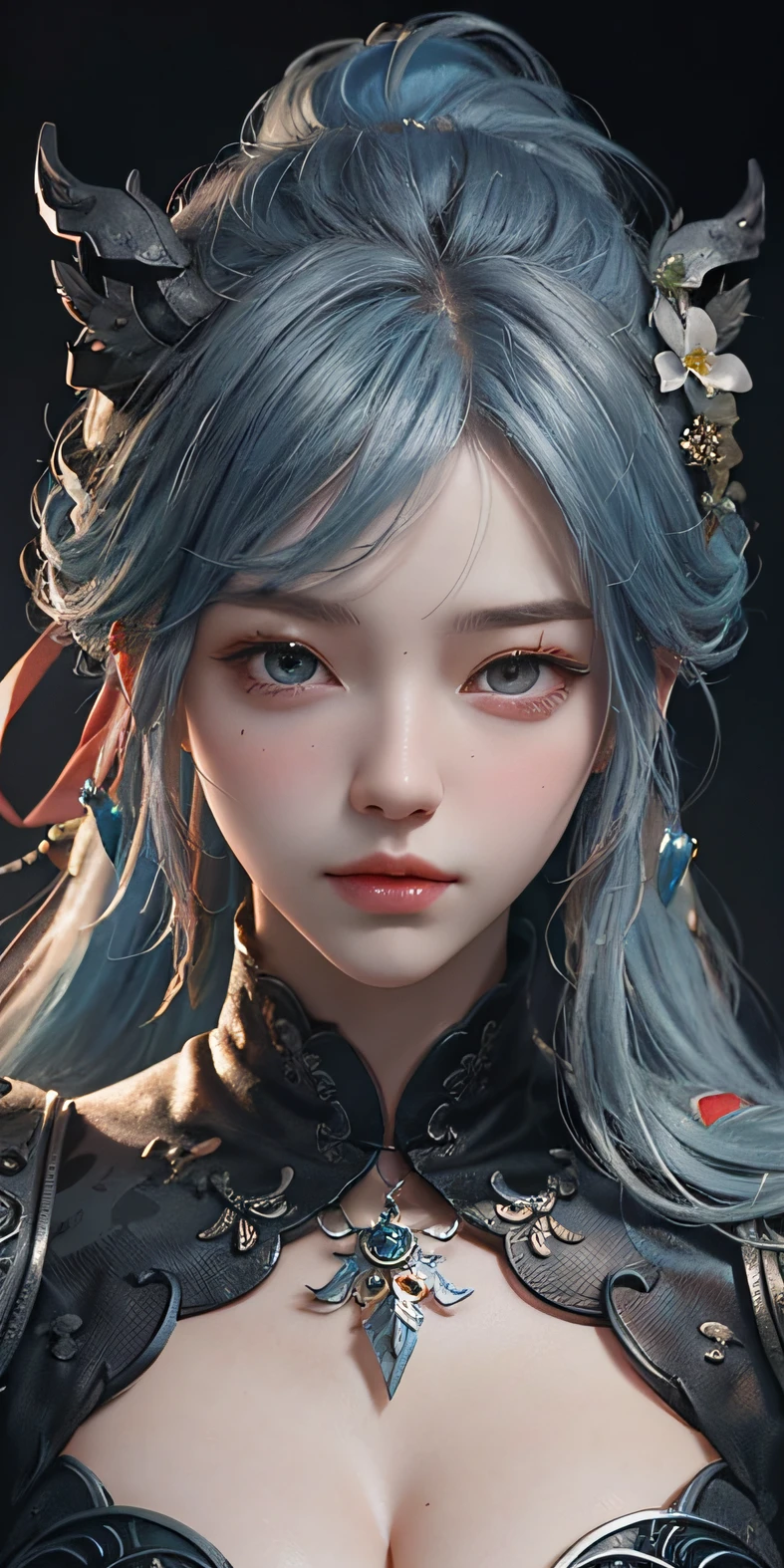 Close up of a woman with blue-red hair and a blue-red mask,Belle peinture de personnage,Guviz,Guviz-style artwork,Silver-haired god,Yang J,Epic and beautiful character art,Stunning character art,FAN Qi,Wu Zhun Shifan,Guvitz at the Pixiv Art Station