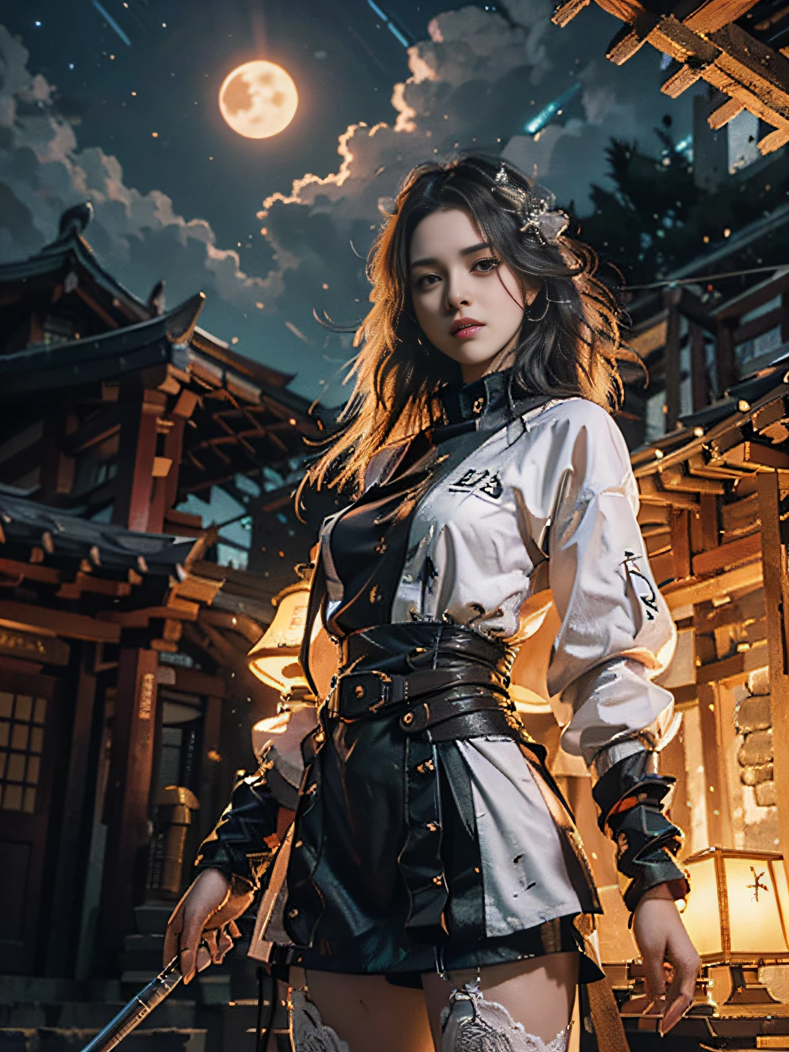 Masterpiece, Best Quality, Cinema, Official Art, Propaganda Art, Cinematic Wallpapers, Very Detailed CG Uniform 4k Wallpapers, Intricate Details, Upper Body, Facial Focus, Concept Art, Production Art, ( , highres, (realistic, photo-realistic:1.2), physically-based rendering, machinery, reflection, realistic, cyberpunk, symmetric front view close up head shot eyes symmetry face very sharp focus realistic award winning matte drawing movie lights, mecha, (Illustration: 1.1), slim, fair skin, delicate face, shine, tights, (long blonde hair), Japanese shrine costume, green eyes, battlefield, chip, shine, vast landscape photo, (from below, starry sky above, open field below), a girl standing on a flower field looking up, (string moon: 1.2), (meteor: 0.9), (nebula: 1.3), tree BREAK making art, (Warm light source: 1.2), (Firefly: 1.2), lamps, lots of purple and orange, intricate details, volumetric lighting, realism BREAK (Masterpiece: 1.2), (Best Quality), 4K, Ultra-Detailed, (Dynamic Composition: 1.4), Very Detailed, Rich in Detail, (Iridescent Colors: 1.2), (Glowing, Atmospheric Illumination), Dreamy, Fantastic, (Solo: 1.2) Gray Hair, Long Flowing Hair, Strong Wind, Orange Eyes, Shiny Eyes, Large, Face, Chest and Thighs Raw, Visible. photorealistic real, portfolio, fine LED,beautifully decorated, beautiful relief, small parts polymerization, metal cylinder, detailed neon, fine LED, fine parts, gear, gauge, pressure gauge, steam