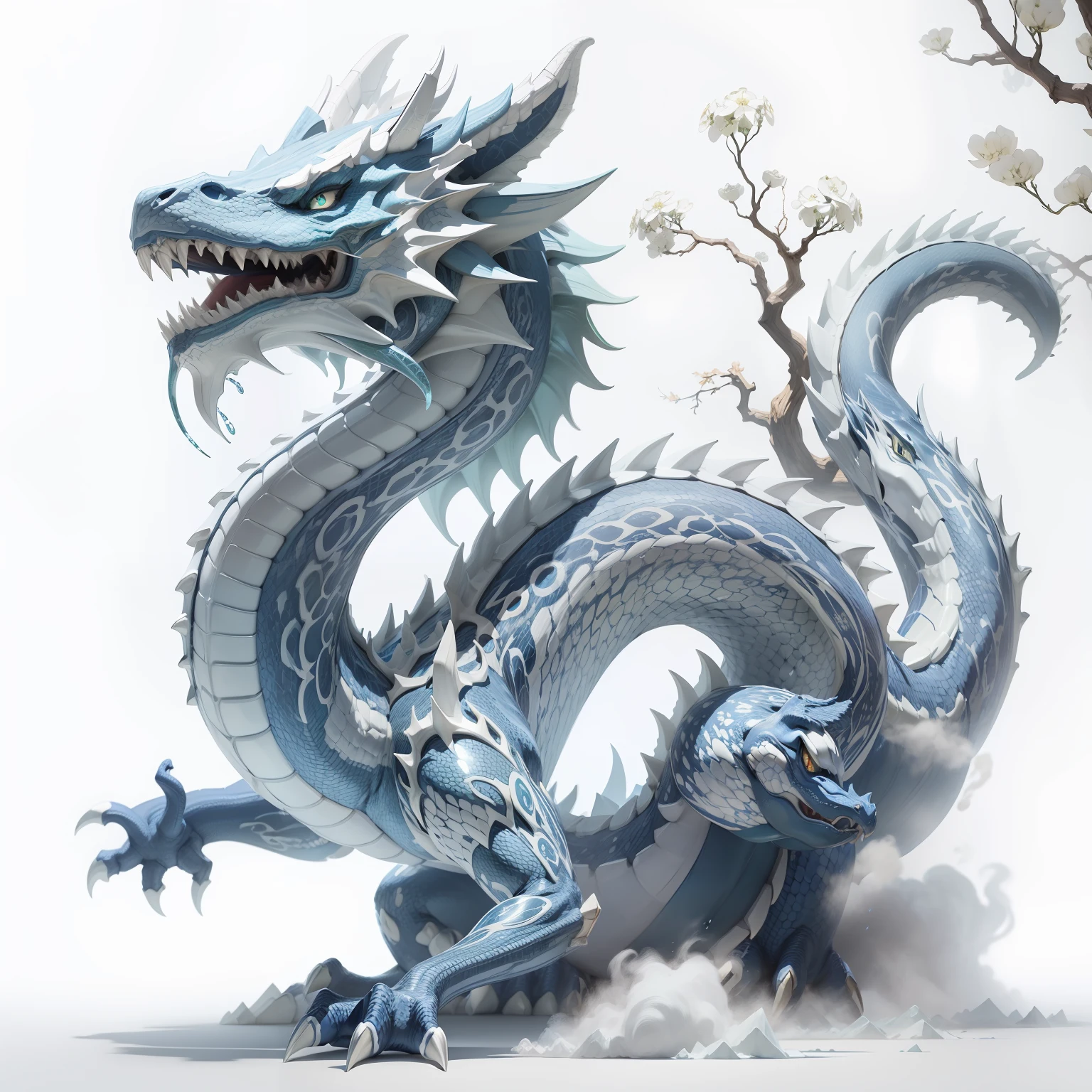 drak,Blue and white porcelain,Green Dragon,mythological beasts,ferocious,bucktooth,Clear lines,k hd,Pattern,Clear lines --auto