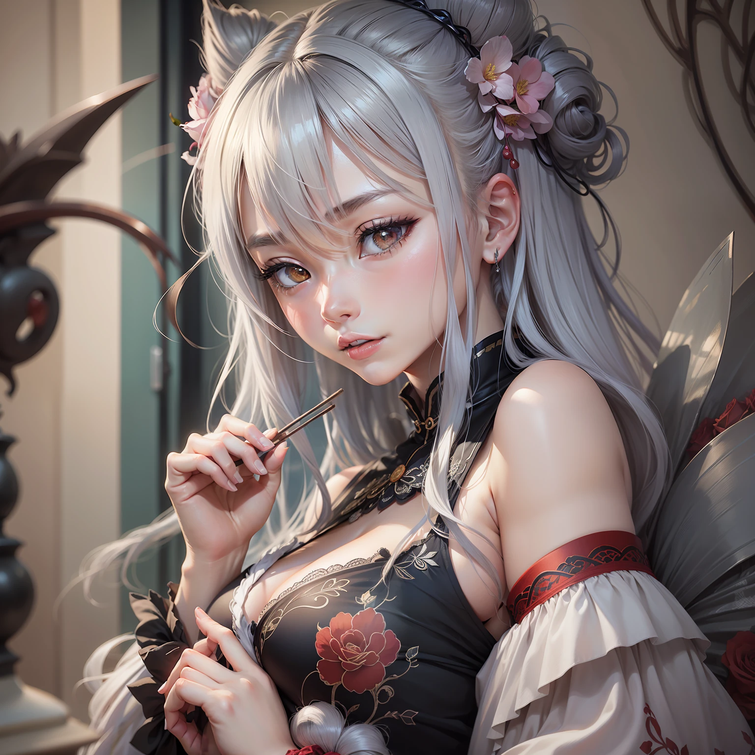 anime girl with long white hair holding a stick and a rose, boobs, anime visual of a cute girl, light novel cover art, shikamimi, fine details. girls frontline, anime cover, marisa kirisame, japanese shoujo manga, from girls frontline, japanese light novel cover, anime visual of a young woman