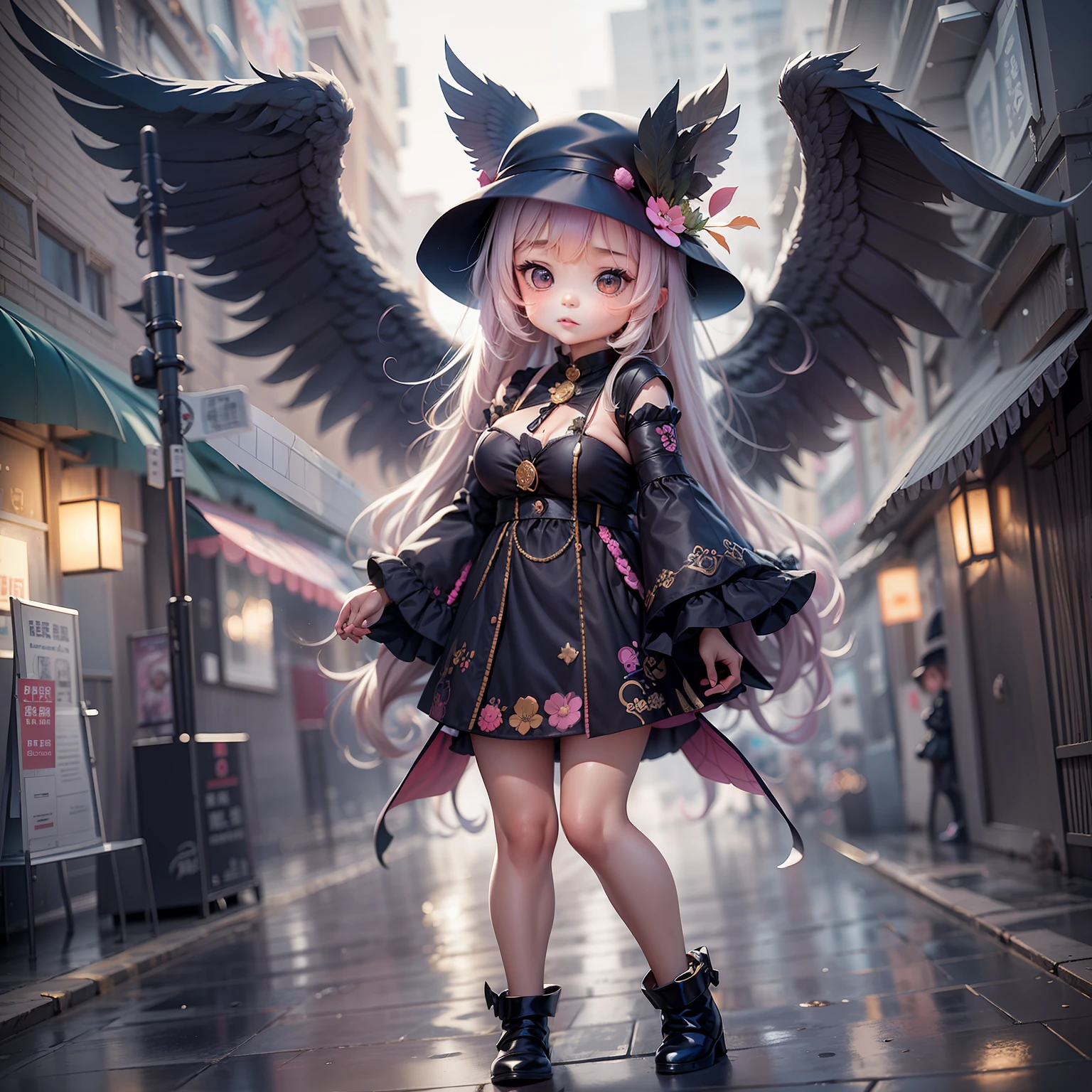 On the streets where it rained heavily，A loli in a hat and dress，There are 2 wings behind him，Lori huge breasts cleavage，kawaii，Inspired by Lyckey，Chibi Art，inspired by Tawaraya Sōtatsu，Inspired by Yundu Snow，inspired by Wang Lü