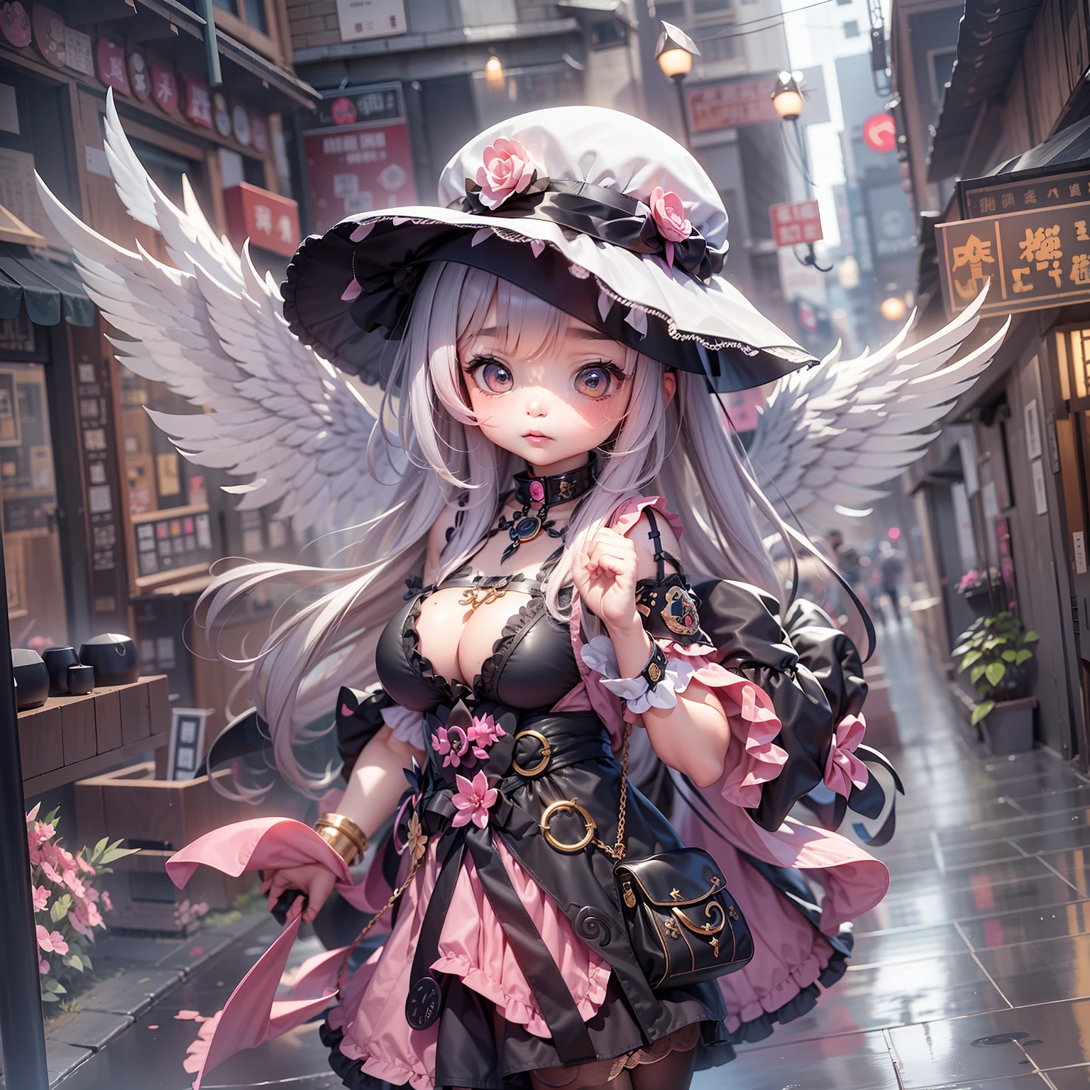 On the streets where it rained heavily，A  in a hat and dress，There are 2 wings behind him，Lori huge breasts cleavage，kawaii，Inspired by Lyckey，Chibi Art，inspired by Tawaraya Sōtatsu，Inspired by Yundu Snow，inspired by Wang Lü