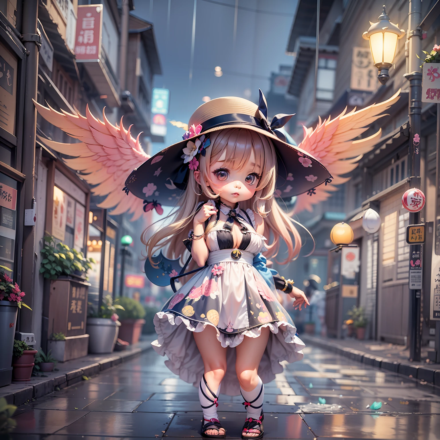 On the streets where it rained heavily，A loli in a hat and dress，There are 2 wings behind him，Lori huge breasts cleavage，kawaii，Inspired by Lyckey，Chibi Art，inspired by Tawaraya Sōtatsu，Inspired by Yundu Snow，inspired by Wang Lü