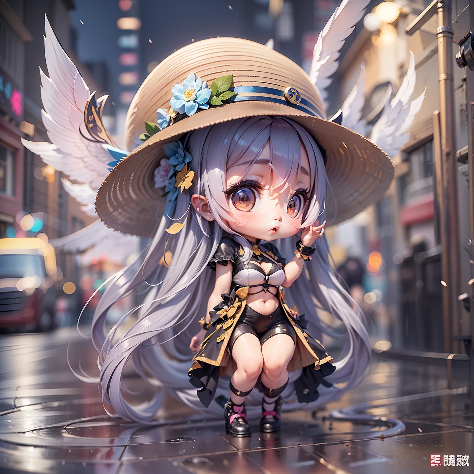 On the streets where it rained heavily,A in a hat and dress,There are 2 wings behind him,Lori huge breasts cleavage,kawaii,Inspired by Lyckey,Chibi Art,inspired by Tawaraya Sōtatsu,Inspired by Yundu Snow,inspired by Wang Lü