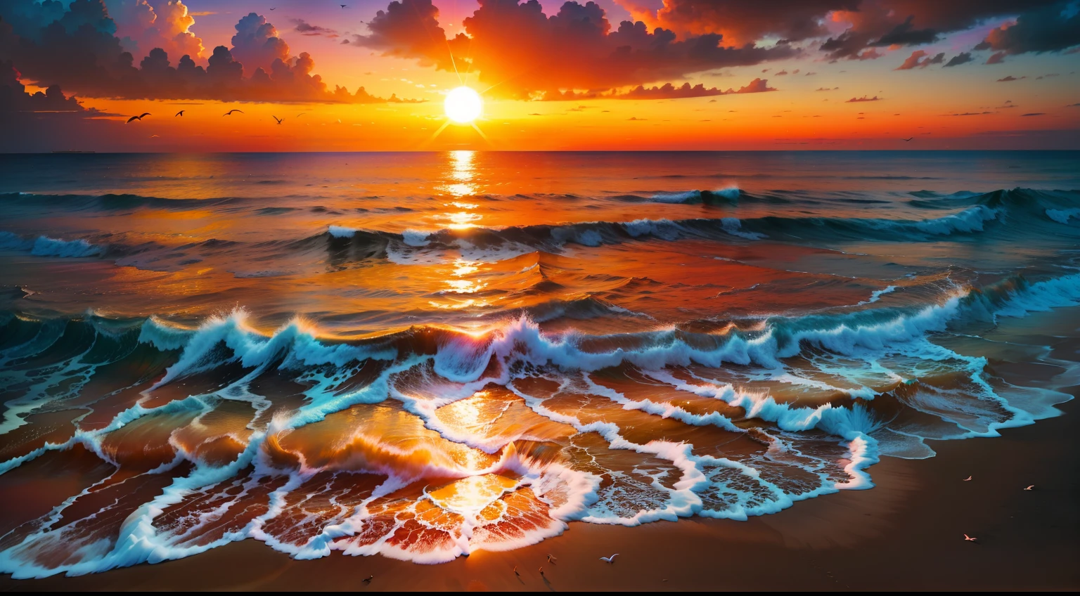 A mesmerizing sunset on the beach with oranges, pinks and yellows that fill the sky. The crystal clear waters gently envelop the coast and the sandy expanse stretches out. Seagulls soaring high into the sky and palm trees swaying gently combine to create a dynamic and breathtaking sight. Soak in the calm atmosphere and feel at peace.