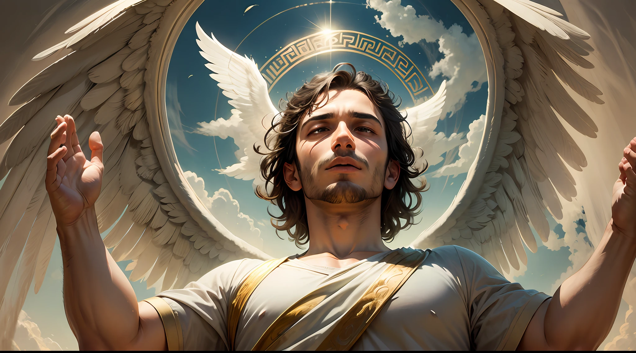 A Greek man angel in heaven,com roupa branca, looking up with hands raised in prayer --auto --s2