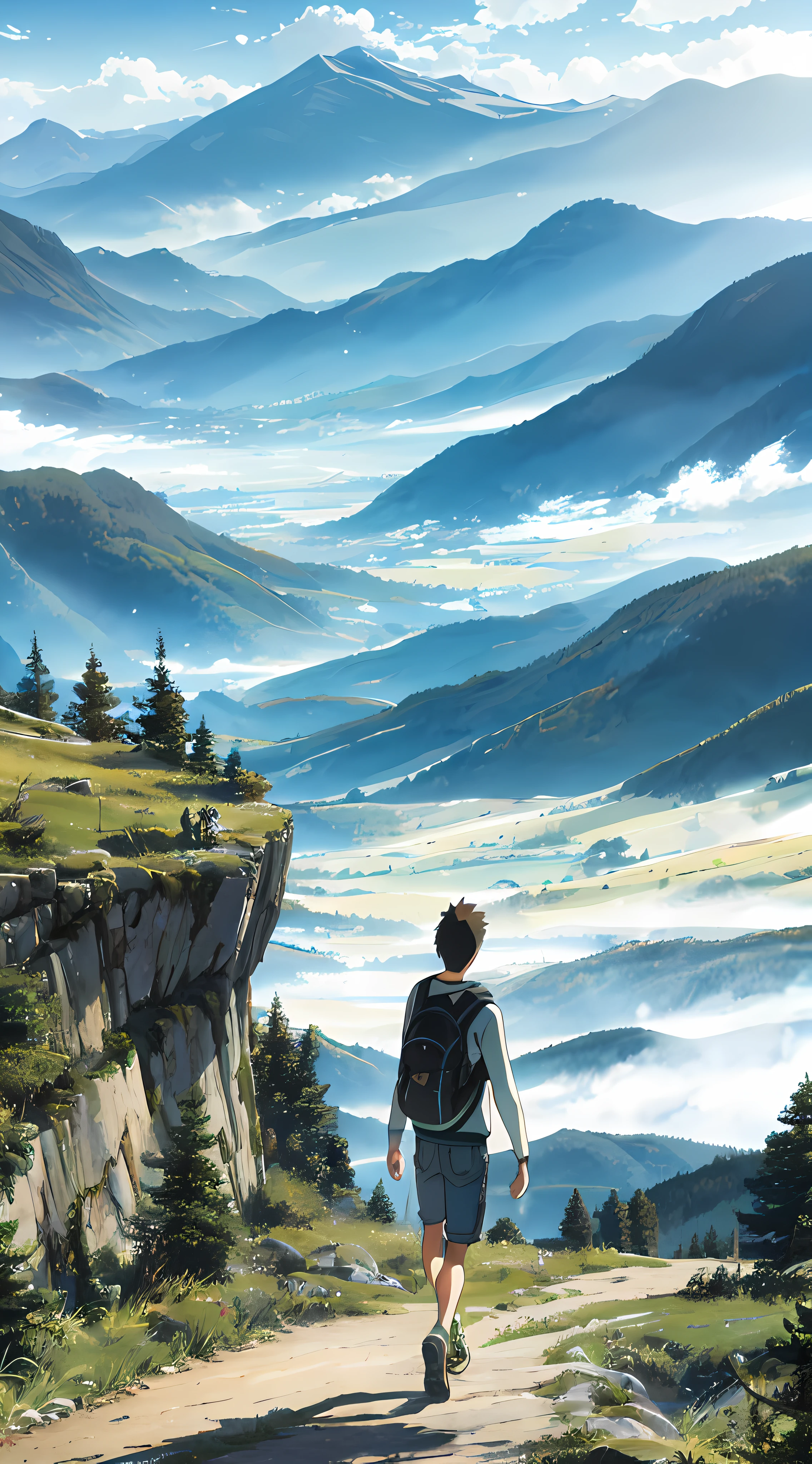 (beautiful and magnificent skyline, majestic sky), (extremely tense and dramatic images, moving visual effects), (Polaris hanging high, colorful natural light), (1girl), (long sleeve top, jean shorts, carrying a backpack), (dynamic pose:1.3, black eyes, black hair cut, sparkling girl)[:0.8], (large pasture), (approaching breeze), (brown hair and background coordination effect:  1.2), (close shot, long shot mix and match)[: :0.9]In the image, we see a panoramic landscape of the distant mountains. The mountains display a variety of shades of green, blue, and brown. In the center of the image, we see João Pé de Galinha walking along the trails, highlighted. His feet are huge and clumsy, filling his shoes and dragging slightly on the floor. He is wearing comfortable clothes for walking and has a backpack on his back. The sky is light blue with some white clouds. The scenery is quiet and serene, and John seems to be enjoying his hike in the mountains.