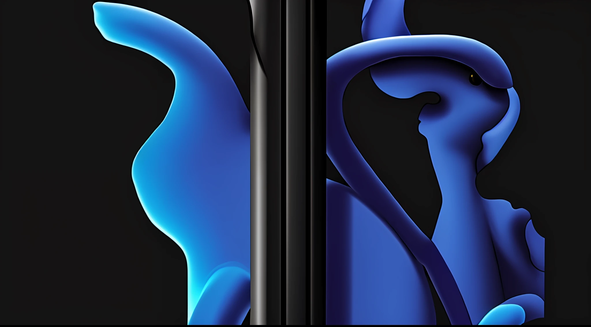 There's a blue cat sitting on a black pole, detalhado com sombras, silhueta detalhada, silhueta estilizada, Close-up de corpo inteiro, silhueta do gato, design do gato, vapor azul e roxo, esquema preto e azul e roxo, aceso de lado, liquid cat, black demon blue purple