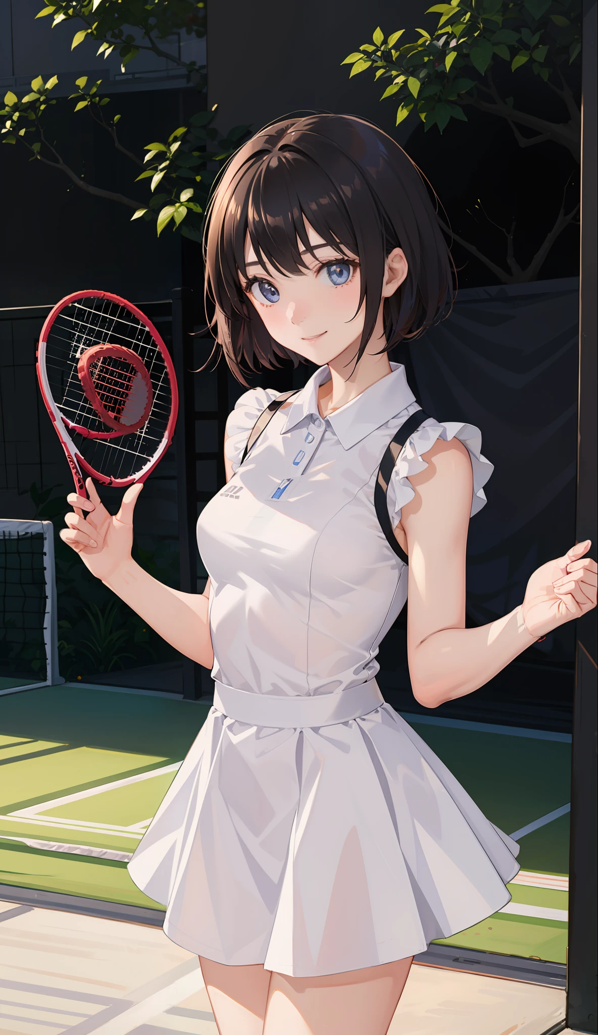 １The girls、Shirts、pleatedskirt、17 age、Bob Hair Style、A smile、A delightful!、japanes、enmaided、Chromo-white skin、Beautiful eyes、（small tits）、Playing tennis、Wimbledon、Wearing white tennis wear、电影灯光、Upper body portrait、