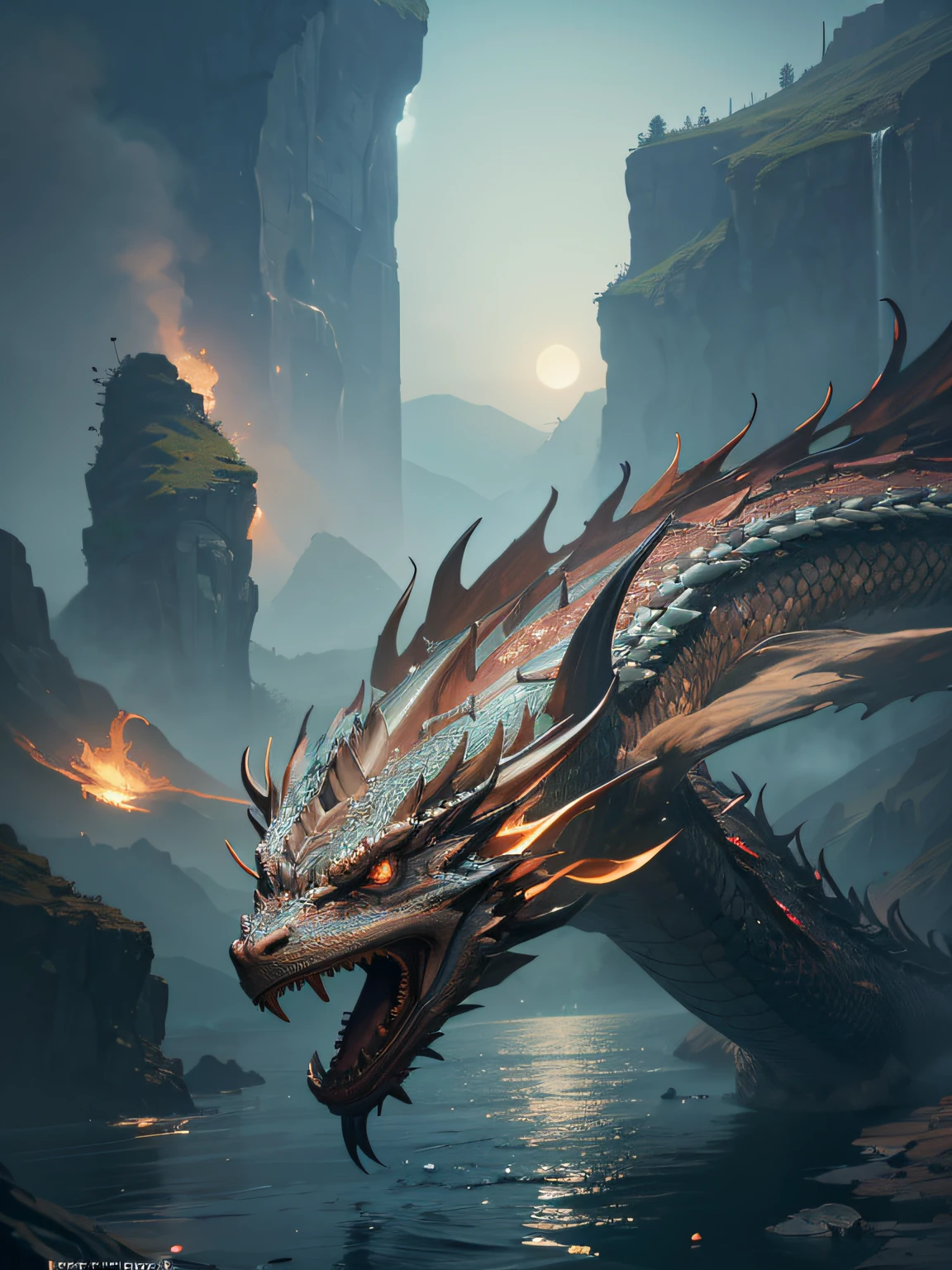 (floating above the water),1dragon, Chinese dragon, solo focus, realistic, in the lake, cinematic lighting, unreal engine, fantastic, trending on ArtStation, intricate details, masterpiece, best quality, by Irakli Nadar, Greg Rutkowski，(((best quality))),(((ultra detailed))),(((masterpiece)))