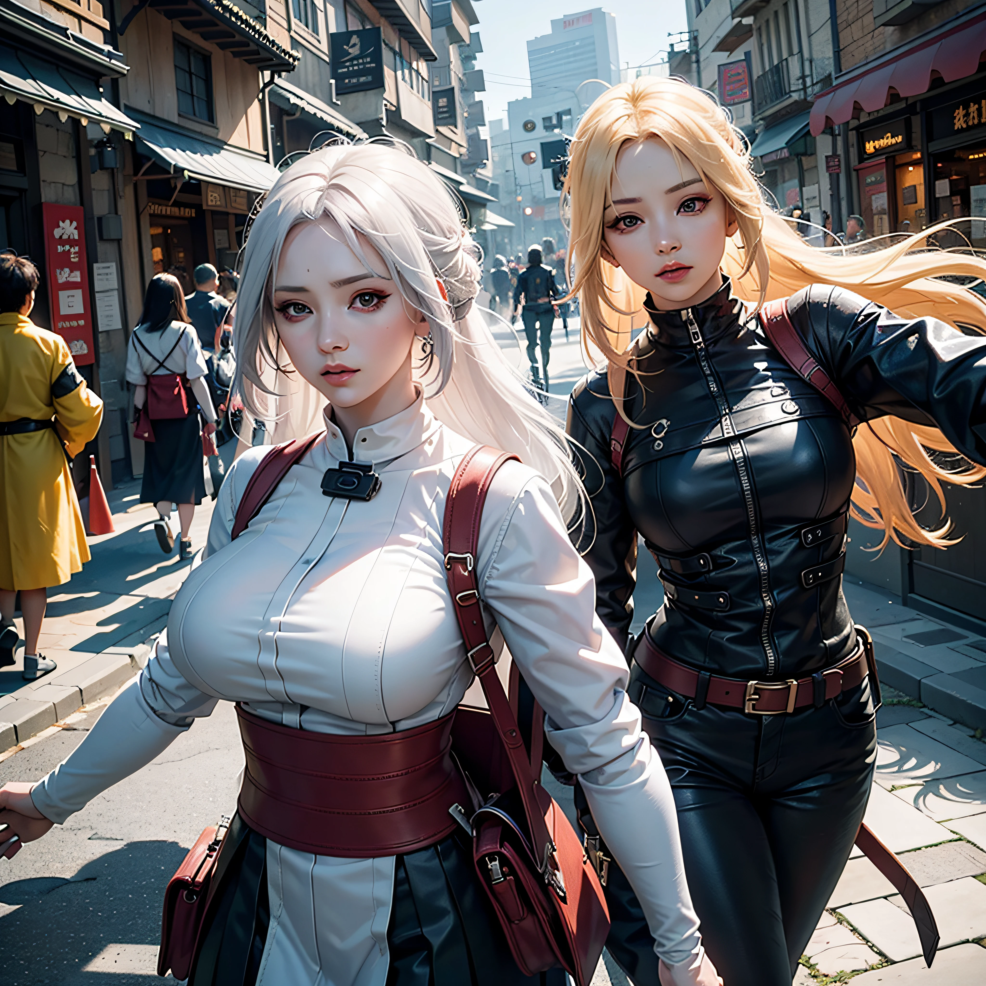 Unreal Engine 5 photorealistic rendering，Dressed as Tsunade from the Hokage world，Hokage Village，gaming character，rpgmaker，Walk the streets of Hokage Village，beautiful  face，Makeup，The upper body is ultra-realistic skin texture and super largest_breasts！！With boobs_The type of melons，The lower ones are huge，jealous，A high resolution，A high resolution，1080P，UHD --auto