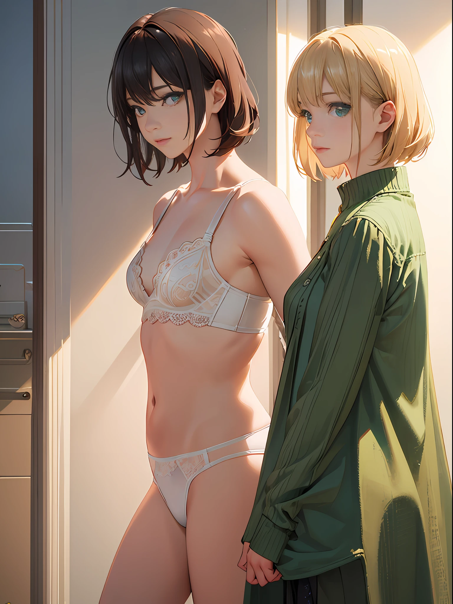 (photo-realistic:1.4), (master masterpiece, Side Light, Fine and beautiful eyes: 1.2), master masterpiece*portrait, real, 3D 顔, Luminous eyes, shiny hair, Skin luster, One person, ashamed, (epigastrium), Very fine lace underwear in green color, Blonde hair、Long sleeves、short hair、