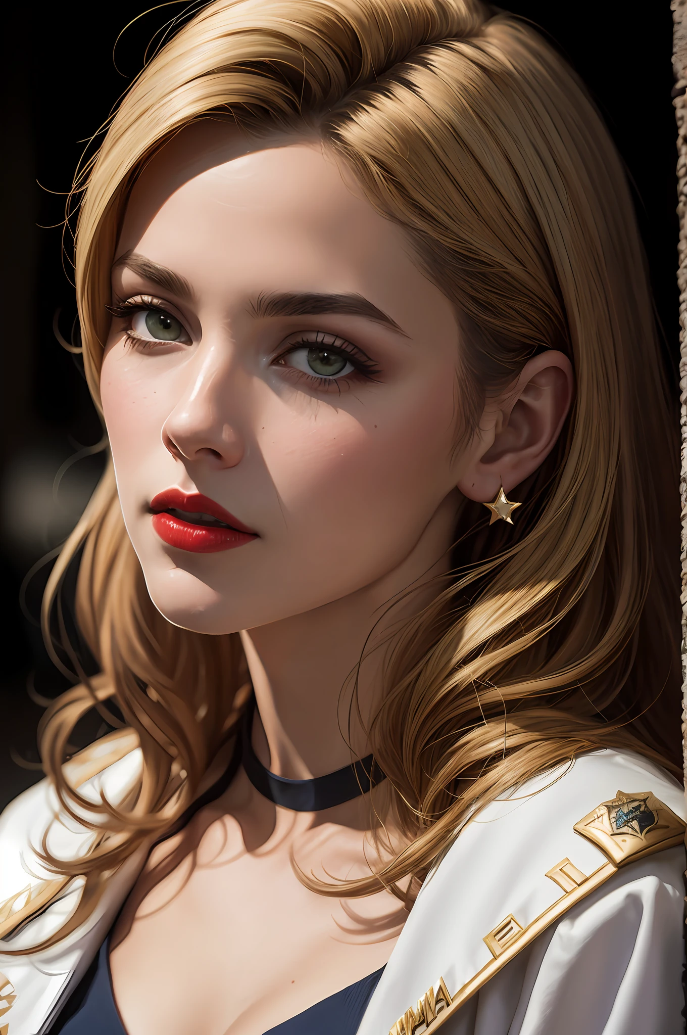Close-up, neve, uma supermodelo muito bonita, blonde, com quadris muito largos e cintura estreita, full lips, cintura pequena e quadris grandes, Red lipstick, com uniforme militar branco, montanhas, foco nítido, Studio photo, detalhes intrincados, altamente detalhado, profundidade de campo, foco nítido, High detail, textura de pele realista, Realistic, fotorrealista, arte digital, pintura fosca, Directed by: Greg Rutkowski
