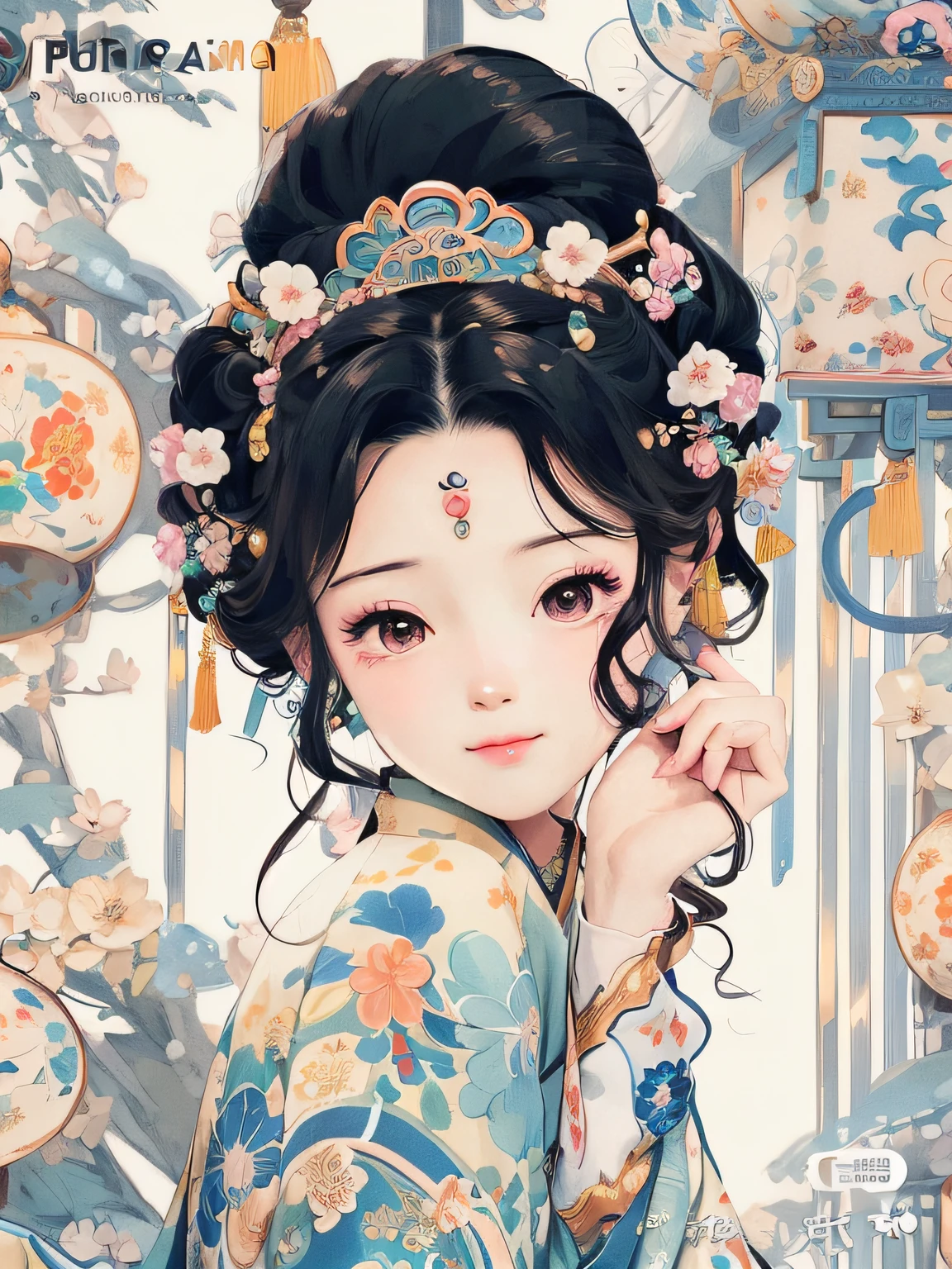 Close-up of a woman wearing a flower crown in a kimono dress, Palace , A girl in Hanfu, A beautiful artwork illustration, Beautiful character painting, Exquisite digital illustration, Beautiful digital illustration, Guviz-style artwork, Cute detailed digital art, Princesa chinesa antiga, China Princess, Digital anime illustration, Beautiful digital artwork, ancient chinese beauti
