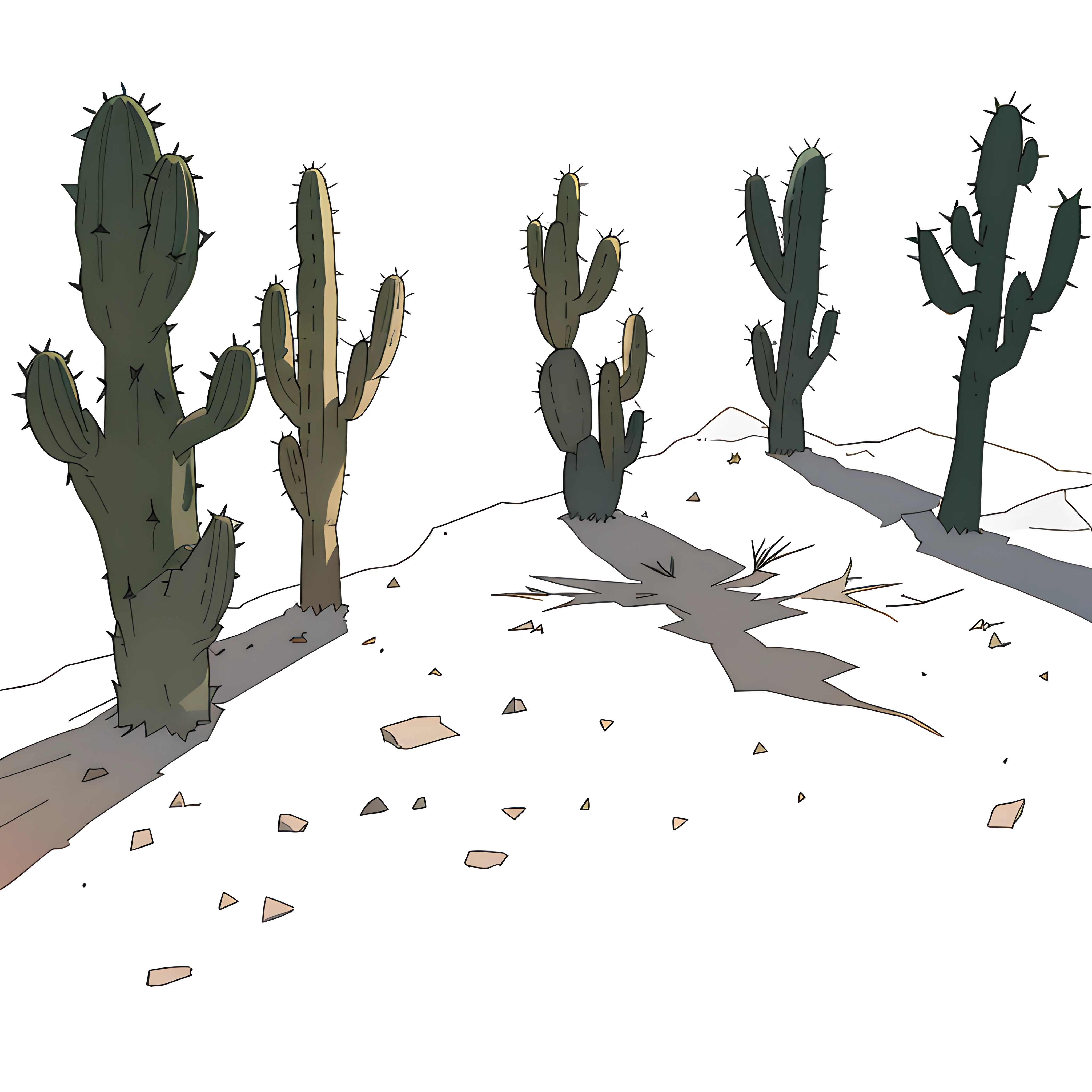 Cacti, desert colors, shadows, thorns, white background, sunset colors, desert, mexican desert, thorns, (organic cacti), thick cacti, curved shapes