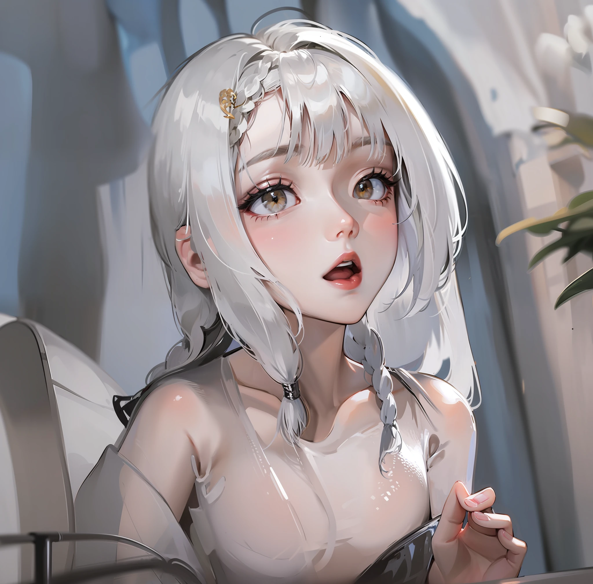 best quality, masterpiece,white hair, gold eyes,white clothes, looking up, upper body,hair strand,Fair skin,side braids