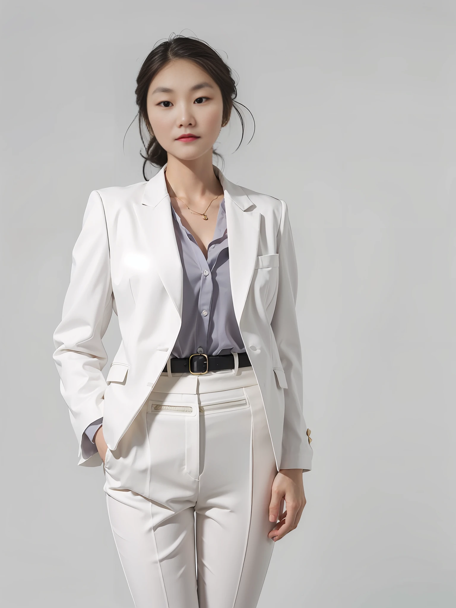 Professional photo，Frontal photo，Business suit，professional photoshooting，Oversized details。Large body diagram，Professional photo，half-length shot, A woman in a white blazer, White dress, Short black hair, Subtle monochrome tone style, Shiny/Glossy solid color, Classic preppy style, Pure white background, Unique beauty, Thin face, Commercial images. Beautiful new camera angle, Professional portrait lighting, Studio lighting, Business feel, professional photoshooting, Extreme detail, hyper HD, Maximum detail, Hyper-detailing, Clear detail, Amazing quality, super detailing, Unbelievable，hdr，16k，the detail, The most real