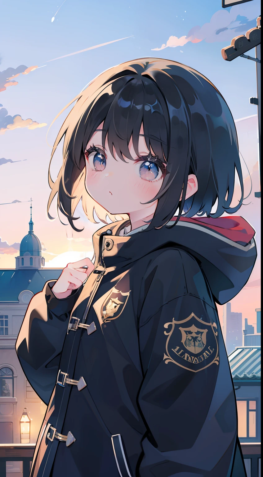 One girl、masterpiece、top-quality、Top image quality、cute little、A dark-haired、Moe Sleeve、parka、high-level image quality、school background、beatiful backgrounds