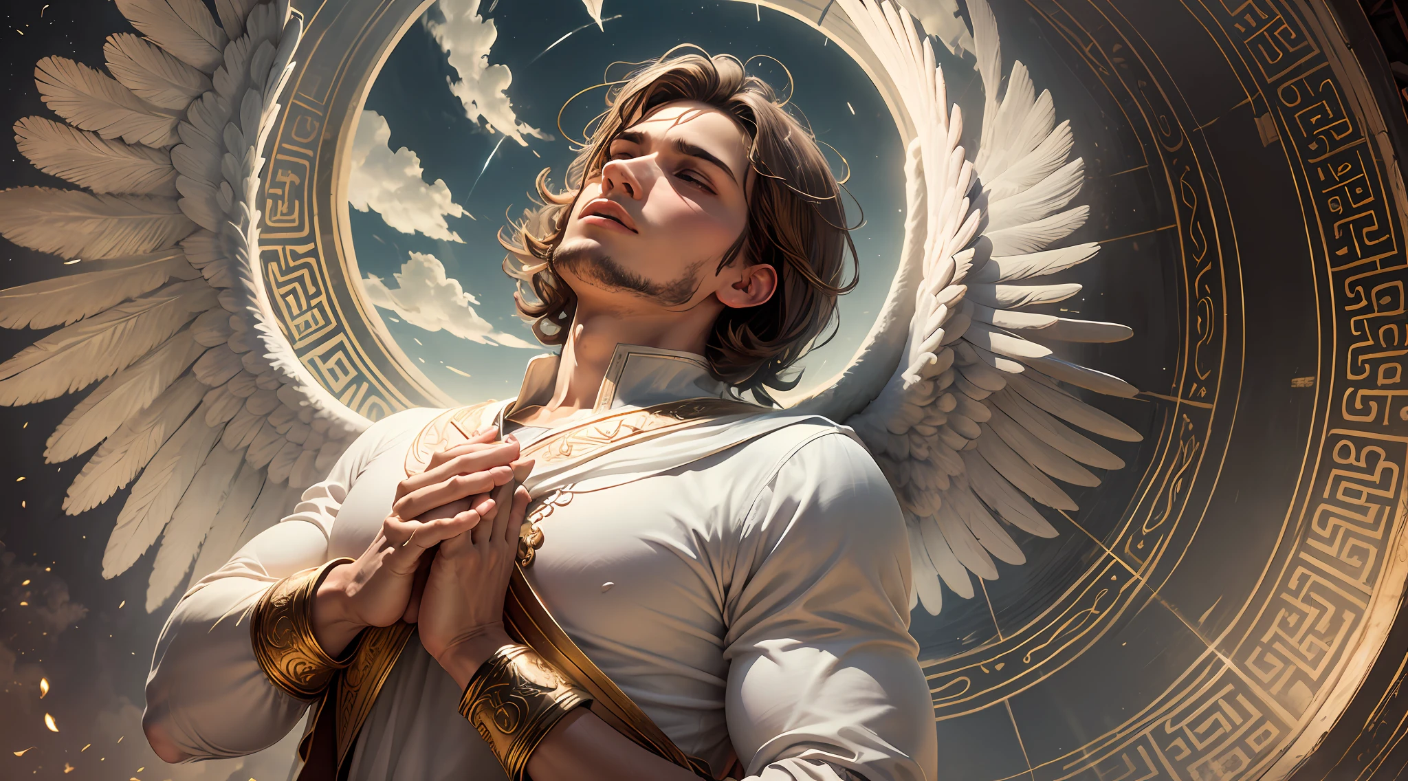 A Greek angel in heaven,com roupa branca, Looking up with hands raised in prayer --auto --s2