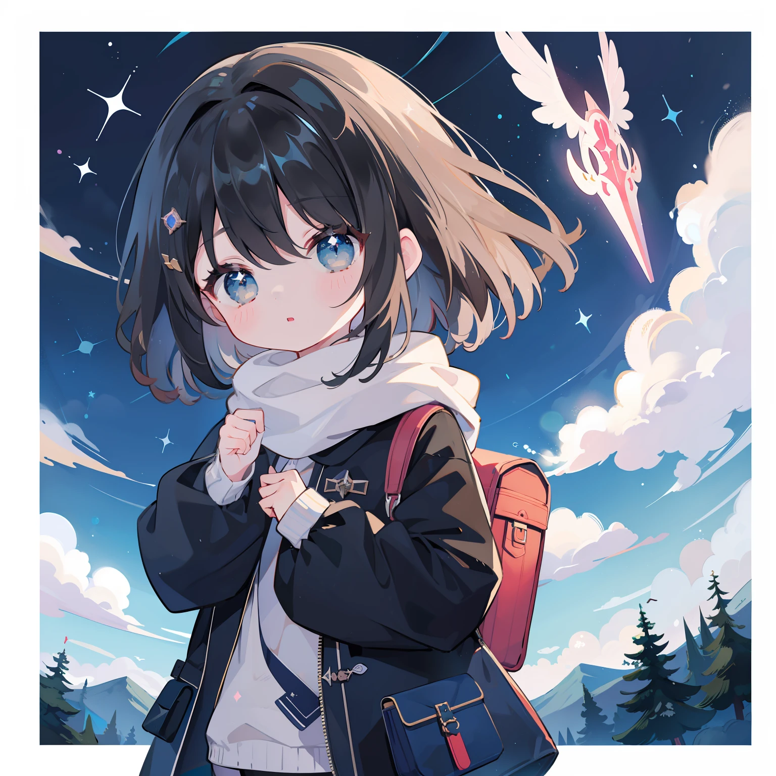 One girl、​masterpiece、top-quality、Top image quality、cute little、A dark-haired、Moe Sleeve、parka、high-level image quality、school  background、beatiful backgrounds