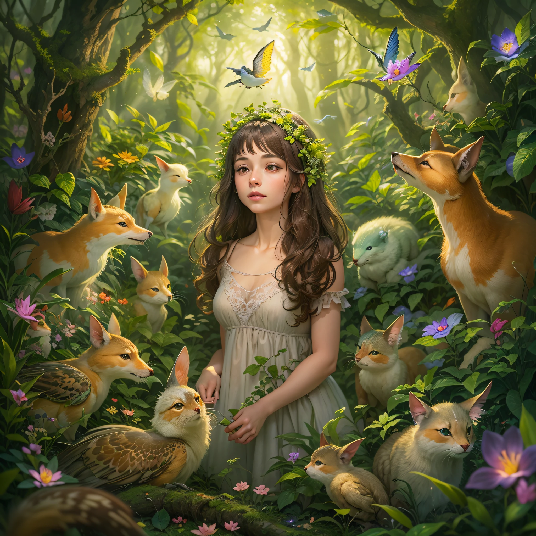 Uma imagem retratando uma garota em uma floresta encantada, surrounded by a variety of magical creatures, como fadas, animais da floresta e vaga-lumes brilhantes. The scene is softly bathed, ethereal light, evoking a sense of wonder and delight.