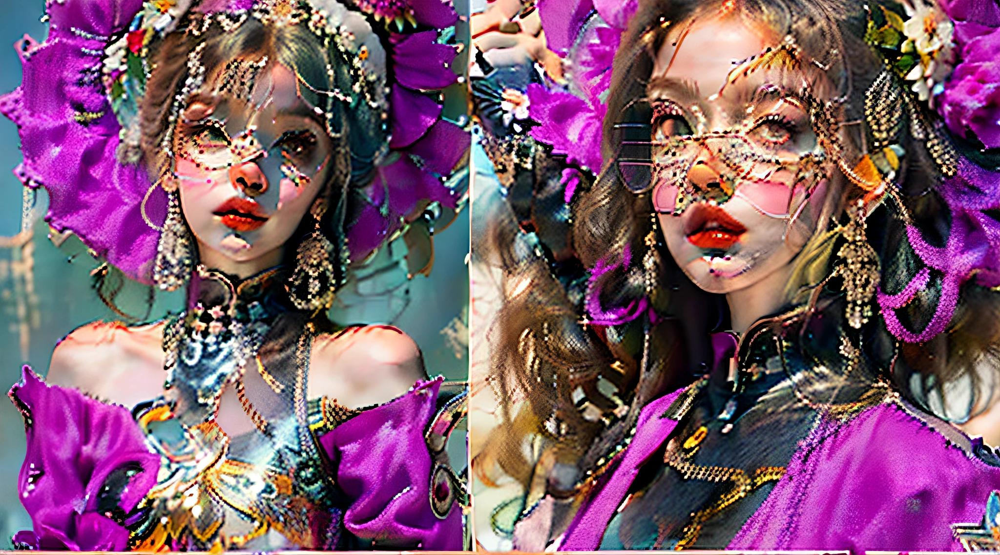 Masterpieces，Close-up shot，Perfect face，exquisite facial features，Sit gracefully，Flowers are in full bloom，Colorful club coat of arms，Light purple curls，Roman curly hair styling with a romantic touch，Sexy off-the-shoulder outfit，Gorgeous burgundy dress dress，Team it with suspenders and dark purple heels，A two-dimensional role。One hundred full of heavenly original Salome