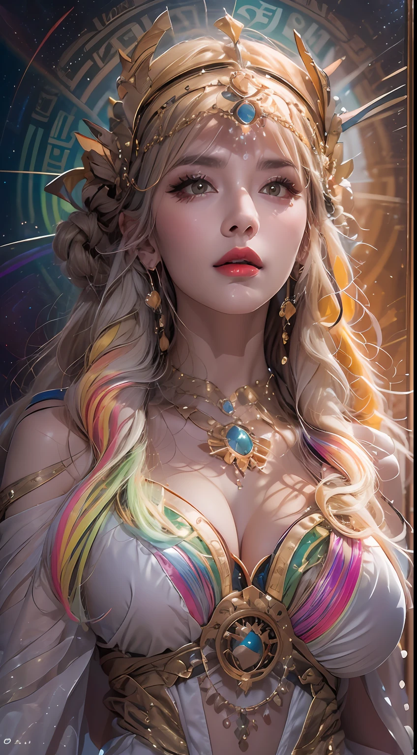 1 20 year old girl, 1 athena goddess from the future, Athena goddess pink purple, athena goddess face sexy thin yellow nightgown, long thin nightgown Athena many limbs sexy black lace detail, mythical goddess of the athena from the future, Symbol of Goddess, luxurious glittering athena style, dark and mysterious version, athena crown, lipstick red lips, thin and pretty lips, don't smile, keep your mouth shut, characters created by karol bak and pino daeni, intricate detail, detailed background, extremely detailed, light magic, a woman, clear face, looking at the upper body of the goddess of the athena, round breasts, big and round breasts, phoenix hair brooch, long hair with bangs, (Long hair has 7 colors like rainbow:1.9), beautiful detailed face and well-proportioned eyes, (transparent yellow eyes: 1.8), big round eyes and very beautiful and detailed makeup, visionary, long silk nightgown, mysterious makeup, Bracelets, side bangs and dye pale yellow, upper body, (athena goddess upper body: 1.8), drooping arms, Realistic and vivid photo, (stars that make up the athena: 1.7), ( sky athena and fictitious space and time portal: 1.8), fiction art, RAW photo, hanfu photo, best photo , high_res, best quality, best photo, 8k quality, 8k ultra , surrealism, the most economical real photo, artistic portrait of athena signs, 1 symbol of athena signs behind, single portrait of athena goddess, The most realistic color scheme, best photo color, masterpiece, hair ornament, necklace, jewelry, Beautiful face, upper body, tyndall effect, photo realistic, dark studio, border light, two tone light, (detailed skin) high: 1.2), 8k uhd, dslr, soft light, high quality, volumetric light, candid, Photo, high resolution, 4k quality, 8k, Bokeh, Smooth and sharp, pixel up 10 times, Charming athena goddess, sexy athena goddess, (background space: 1.8), (galaxy: 1.7), aurora, lightning, (Aurora Background: 1.8), perfect eyes, photo of perfect eyes, beautiful goddess and flowers,