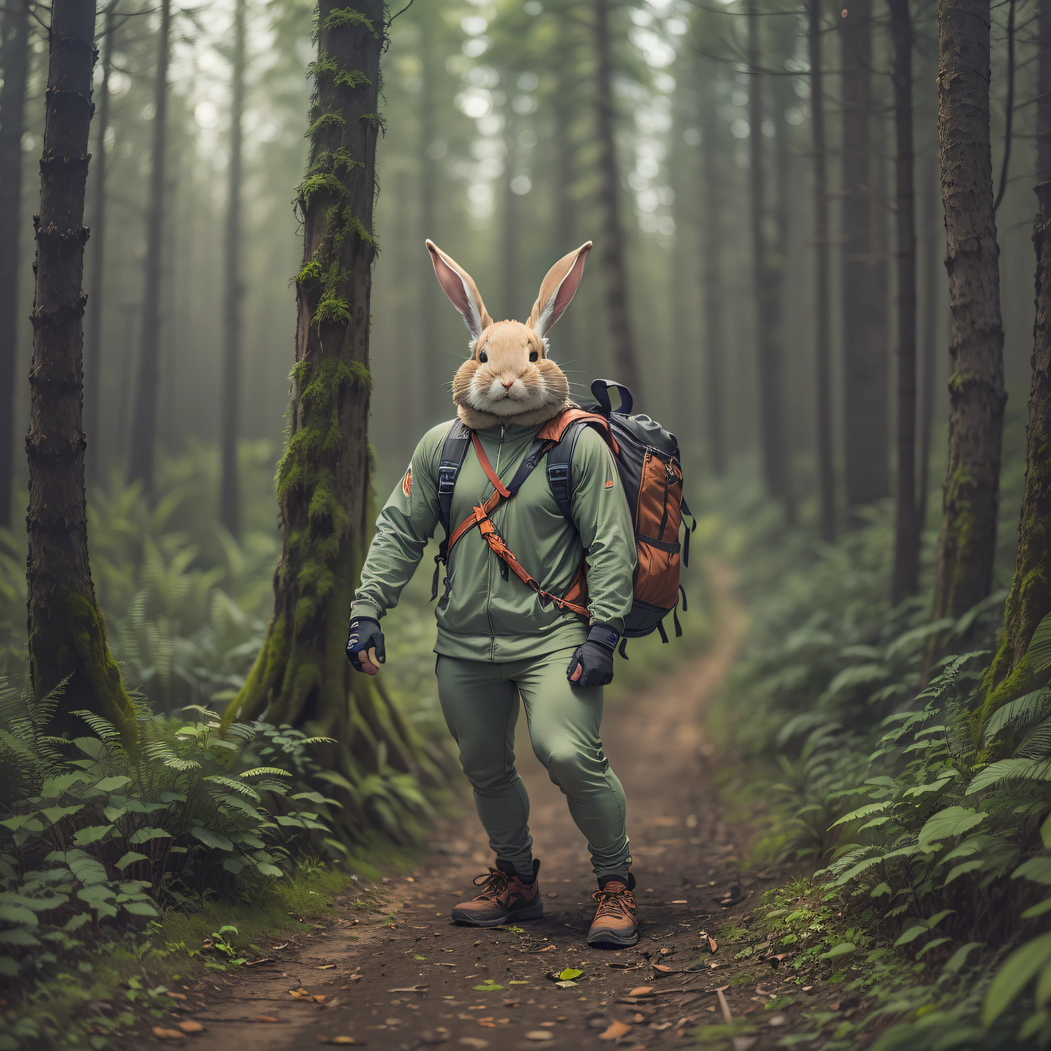Strong man with rabbit head in the middle of forest of trail clothes