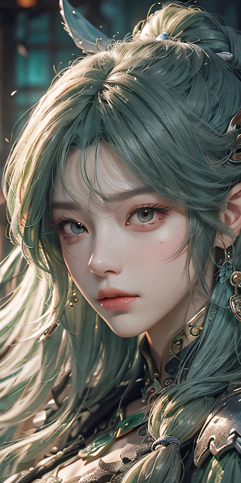 Close up of a woman with green hair and green mask，Belle peinture de personnage，Guviz，Guviz-style artwork，Silver-haired god，Yang J，Epic and beautiful character art，Stunning character art，FAN Qi，Wu Zhun Shifan，Guvitz at the Pixiv Art Station