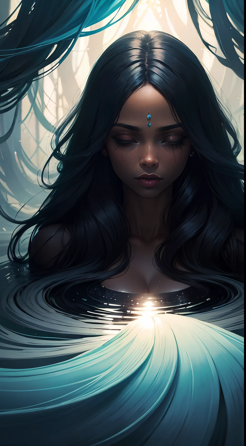 "Crie uma imagem da bruxa Celeste, cabelos negros, olhos dourados, segurando uma varinha, surrounded by a bright mist, com diversas formas de sonhos flutuando ao seu redor."
