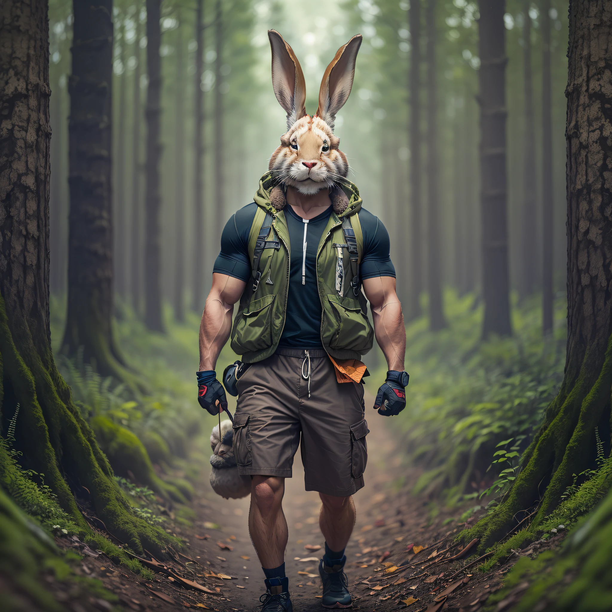 Strong man with rabbit head in the middle of forest of trail clothes