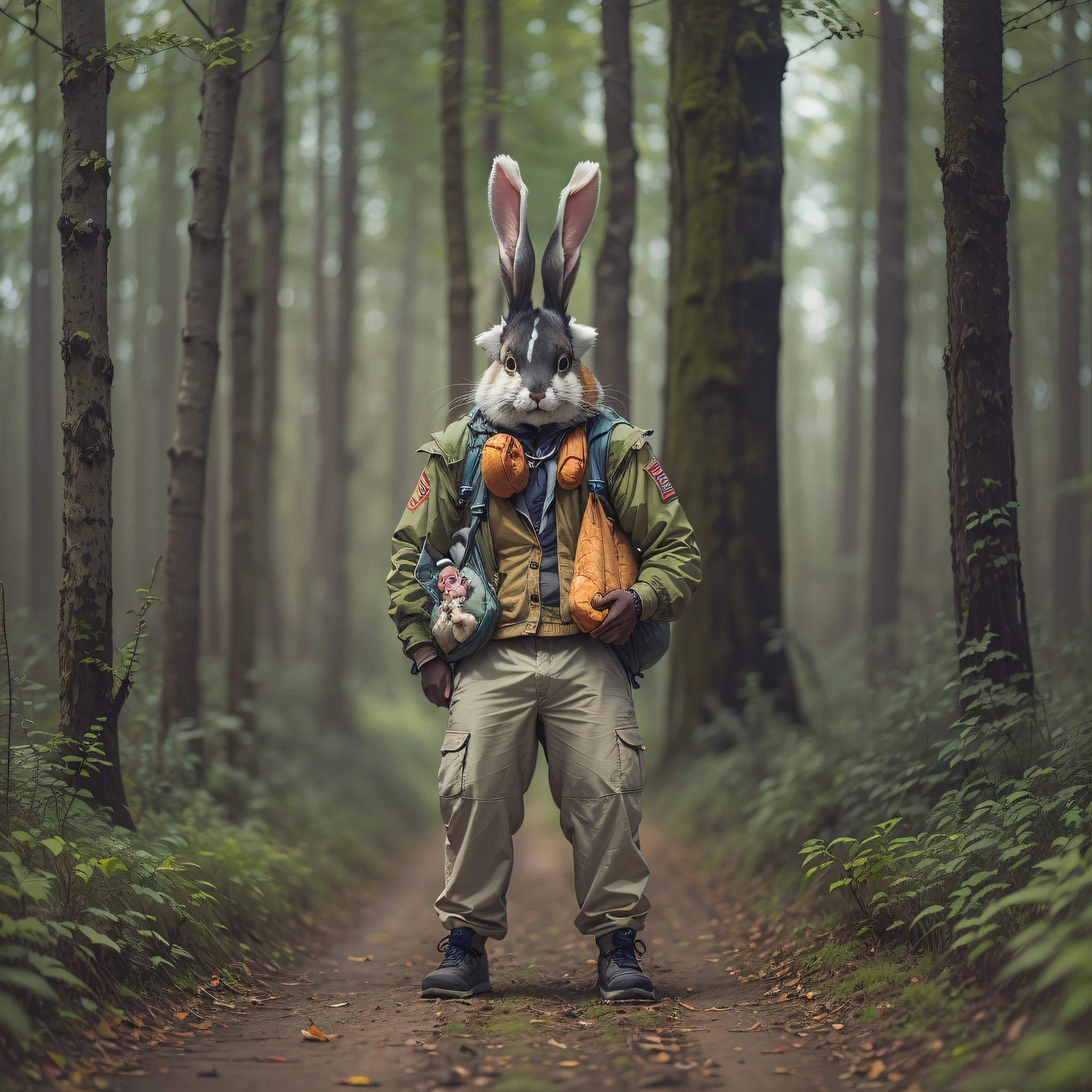 Strong man with rabbit head in the middle of forest of trail clothes