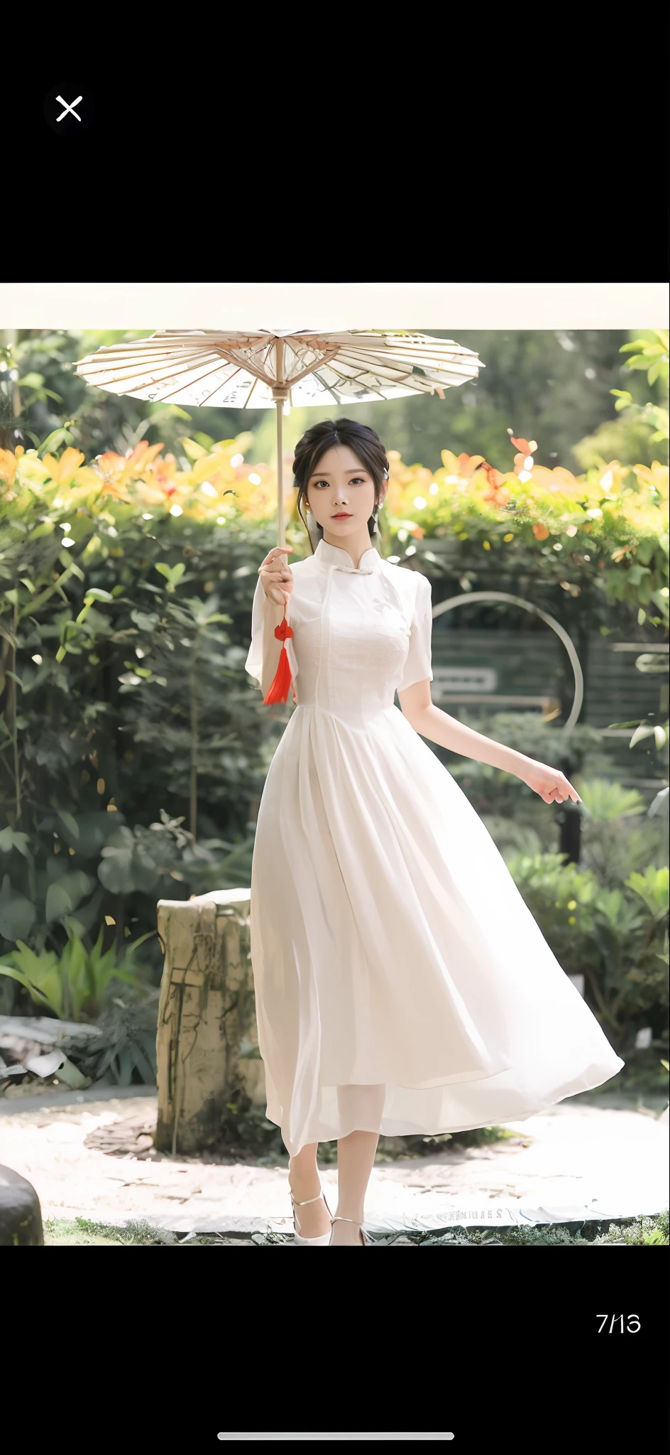 There was a woman in a white dress walking with an umbrella, White Hanfu, ancient white dress, wearing ivory colour dress, Romantic dress, Cheongsam, Wearing a white flowing dress, Traditional Chinese clothing, Chinese dress, Hanfu, flowing white dress, elegant white dress, beautiful long white dress, Chinese traditional, with acient chinese clothes, Long white dress