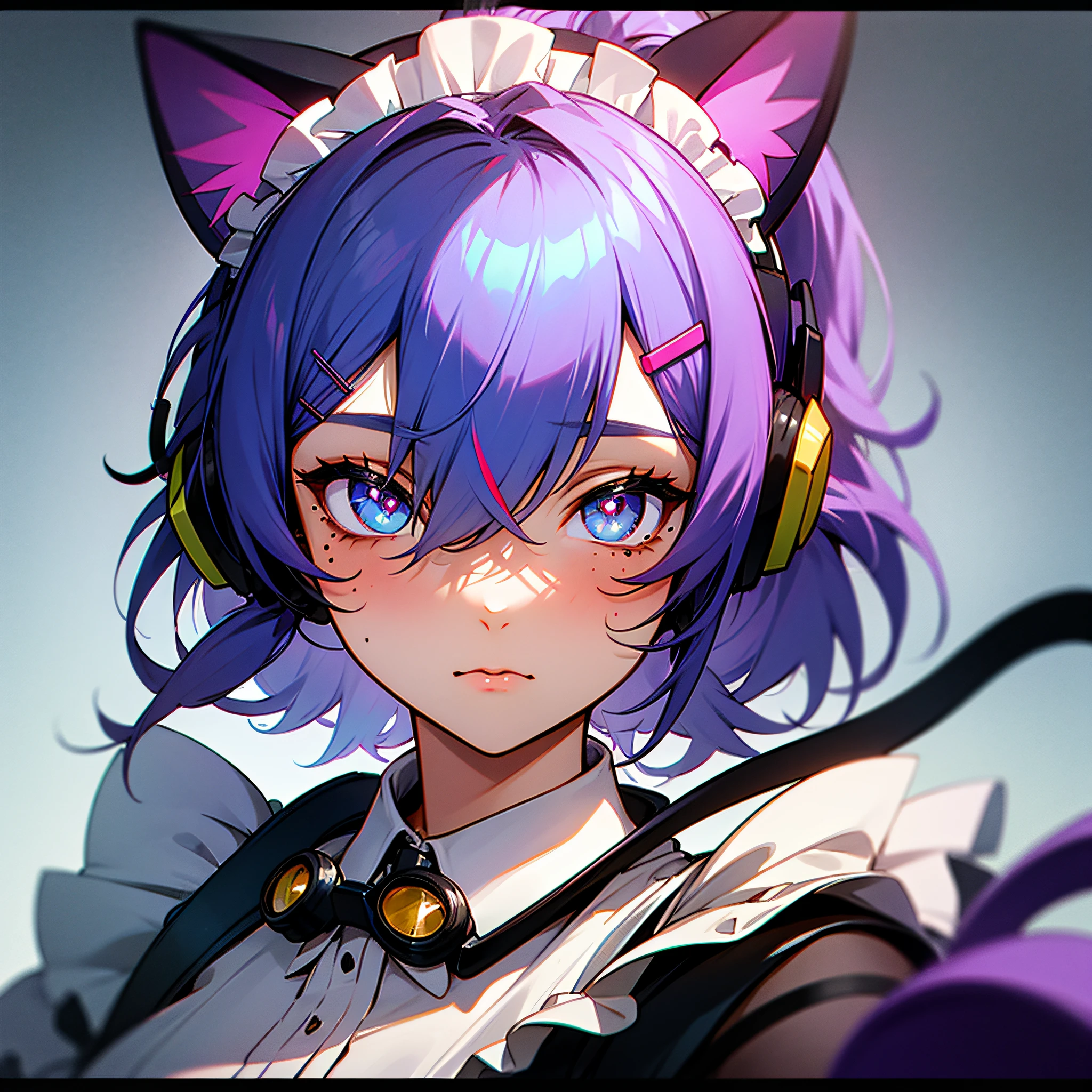 rainbow hair, ponytail, hairclip, hair ribbon, hair bow, maid headdress, goggles, mole under eye, heart-shaped pupils, cat ear headphones, bored --auto