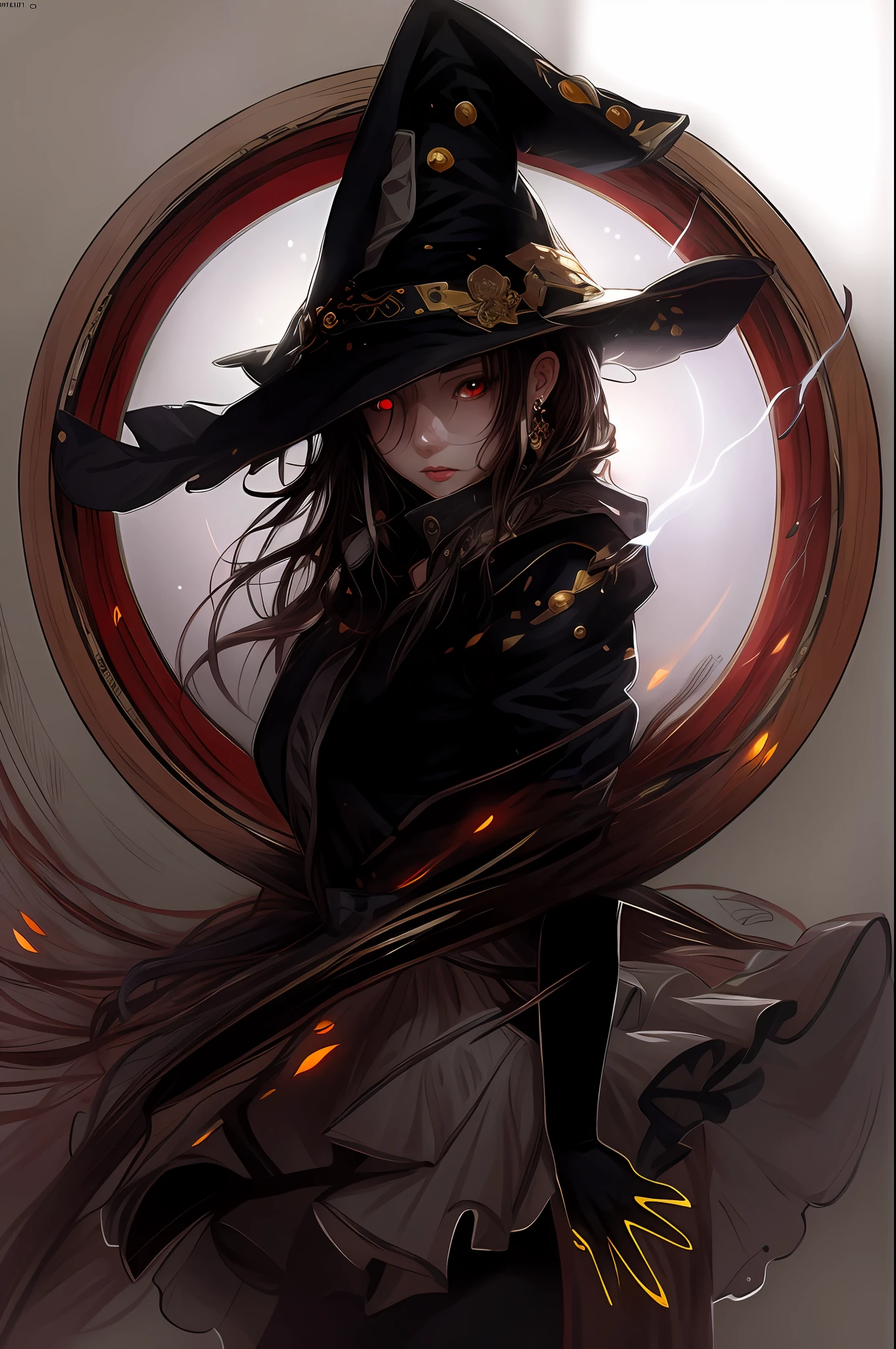 White background adorns the round window,1girl,solo,long hair,looking at viewer,bangs,black hair,red eyes,hat,hair between eyes,open mouth,green eyes,upper body,earrings,black head wear,witch hat,glowing,heterochromia,witch,glowing eye,J horrow style,light and shadow effect,复杂,highly detailed,digitial painting,art stations,concept-art,smoothness,Sharp focus,illustratio,advanced digital anime art,Atmospheric lighting,详细的脸,8 K,hqr,artstation,By Makoto Shinkai,Stanley Art Liu,WLOP,Rossdraws”