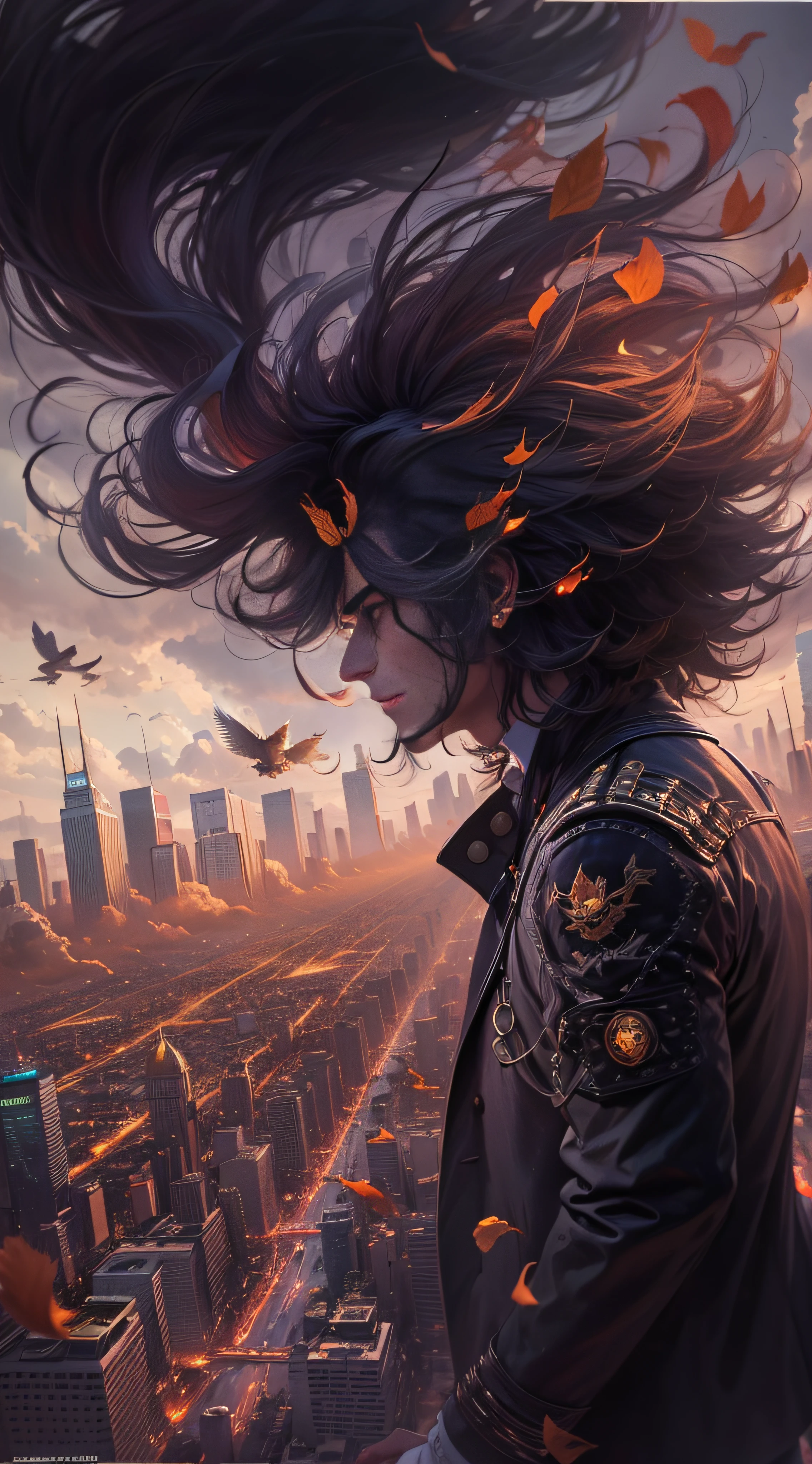 um homem de cabelos enorme, cabelo gigante preto, Flying over the sky, no fundo temos uma cidade vista do alto, The city is on fire, Home is wearing a look inspired by the Mad Hatter character, He's seeing the city from heaven