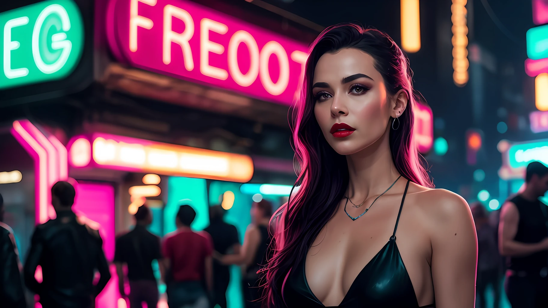 Close-up, neve, blade runner aesthetics, cena de blade runner, uma supermodelo muito bonita, louro, com quadris muito largos e cintura estreita, full lips, cintura pequena e quadris grandes, Red lipstick, com roupas cyberpunk em uma cidade cyberpunk movimentada com placas de neon, neon lights, foco nítido, Studio photo, detalhes intrincados, altamente detalhado, profundidade de campo, foco nítido, High detail, textura de pele realista, Realistic, fotorrealista, Arte Digital, tinta escura, Directed by: Greg Rutkowski
